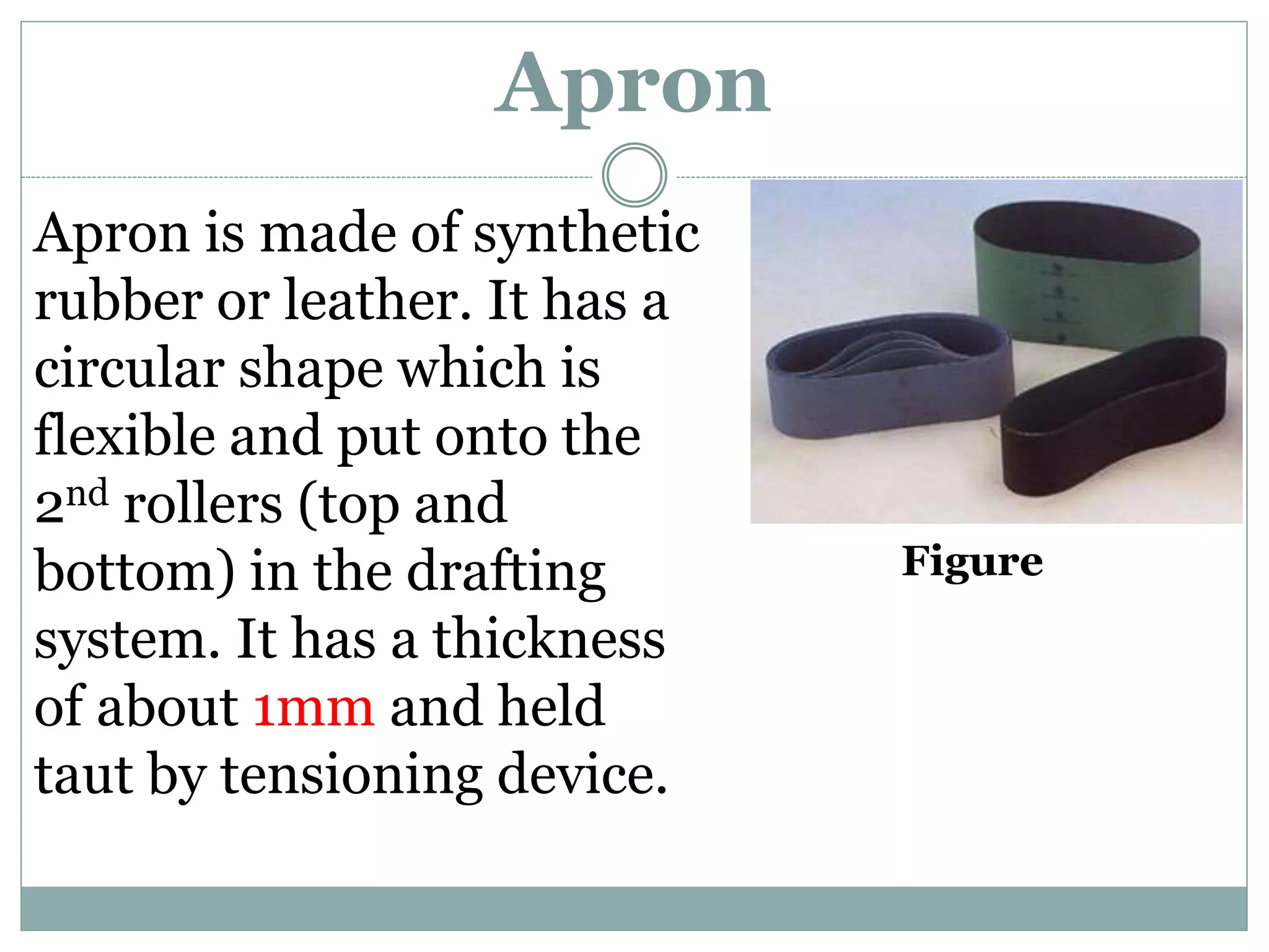 Apron
Apron is made of synthetic
rubber or leather. It has a
circular shape which is
flexible and put onto the
2nd rollers (top and
bottom) in the drafting
system. It has a thickness
of about 1mm and held
taut by tensioning device.
Figure
 