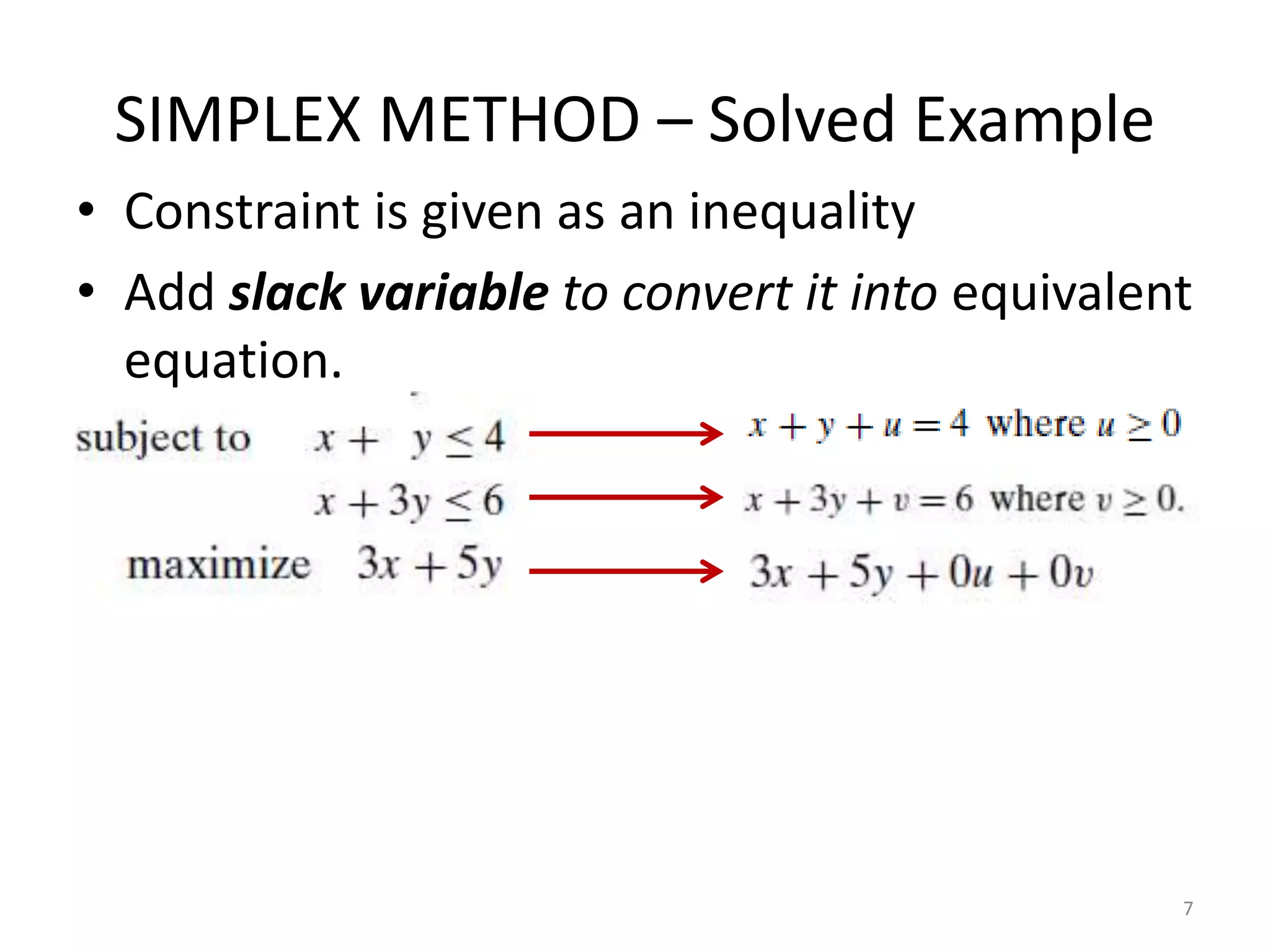 SIMPLEX METHOD – Solved Example
• Constraint is given as an inequality
• Add slack variable to convert it into equivalent
equation.
7
 