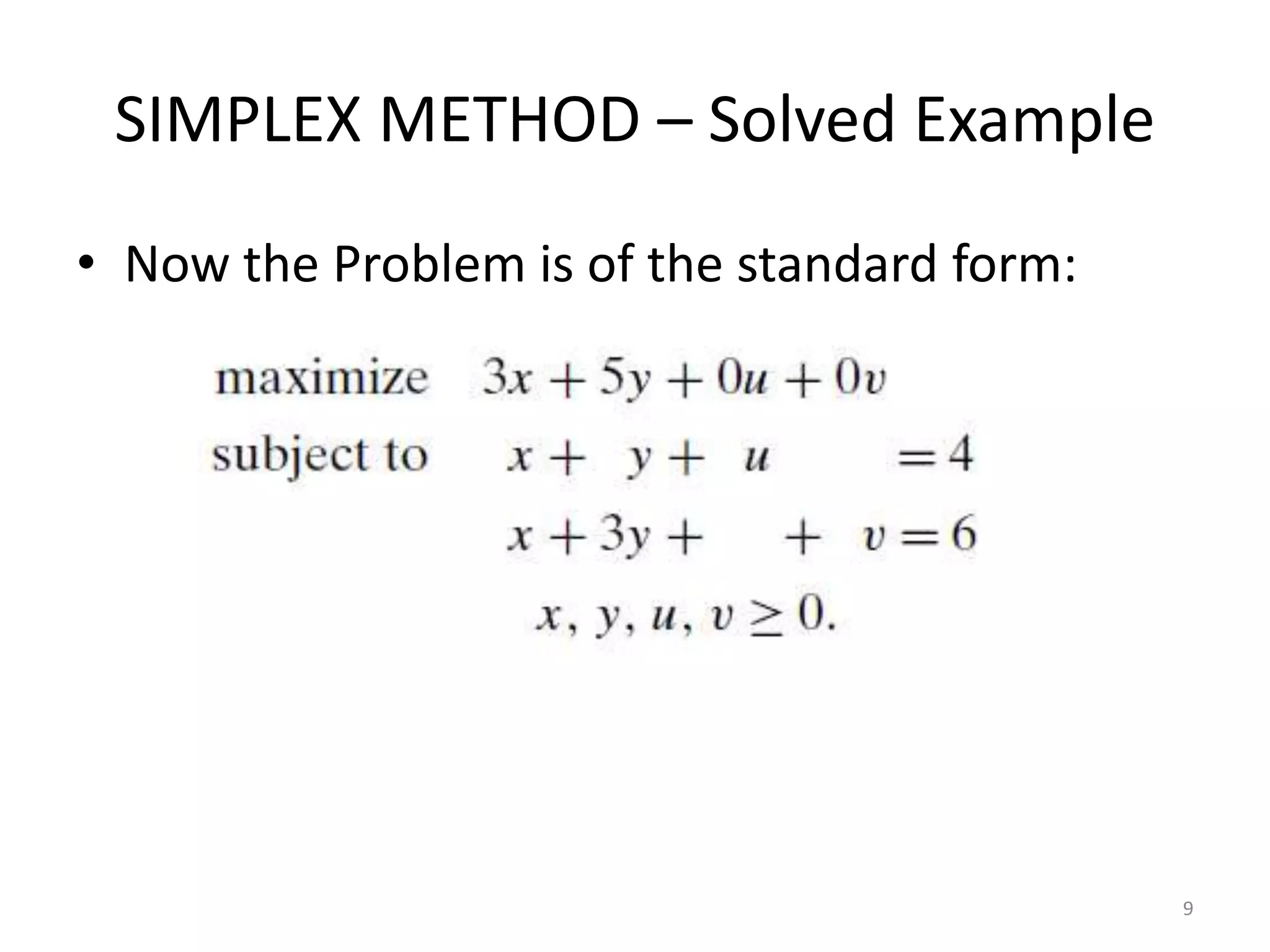 SIMPLEX METHOD – Solved Example
• Now the Problem is of the standard form:
9
 