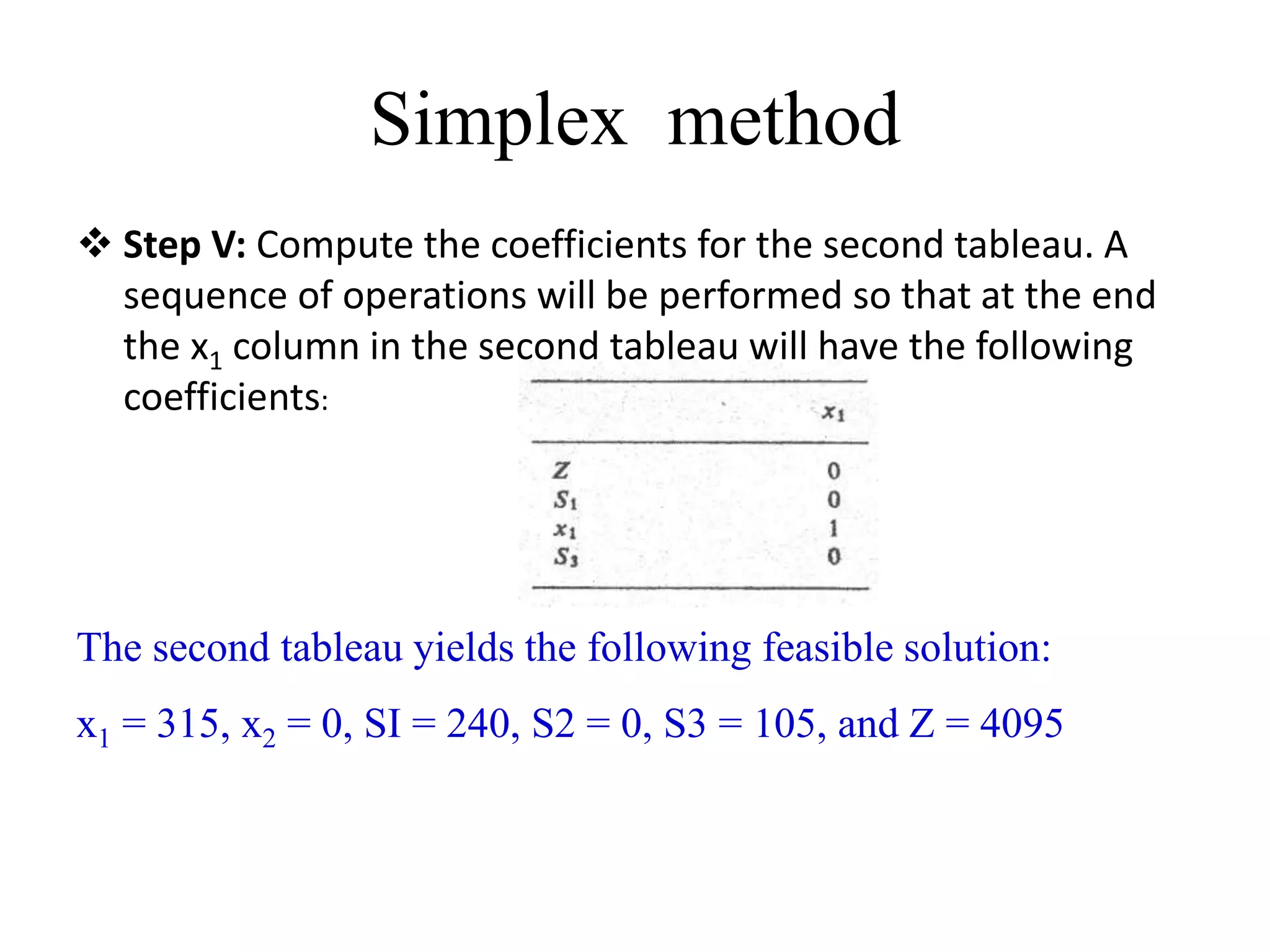 Simplex method
 Step V: Compute the coefficients for the second tableau. A
sequence of operations will be performed so that at the end
the x1 column in the second tableau will have the following
coefficients:
The second tableau yields the following feasible solution:
x1 = 315, x2 = 0, SI = 240, S2 = 0, S3 = 105, and Z = 4095
 