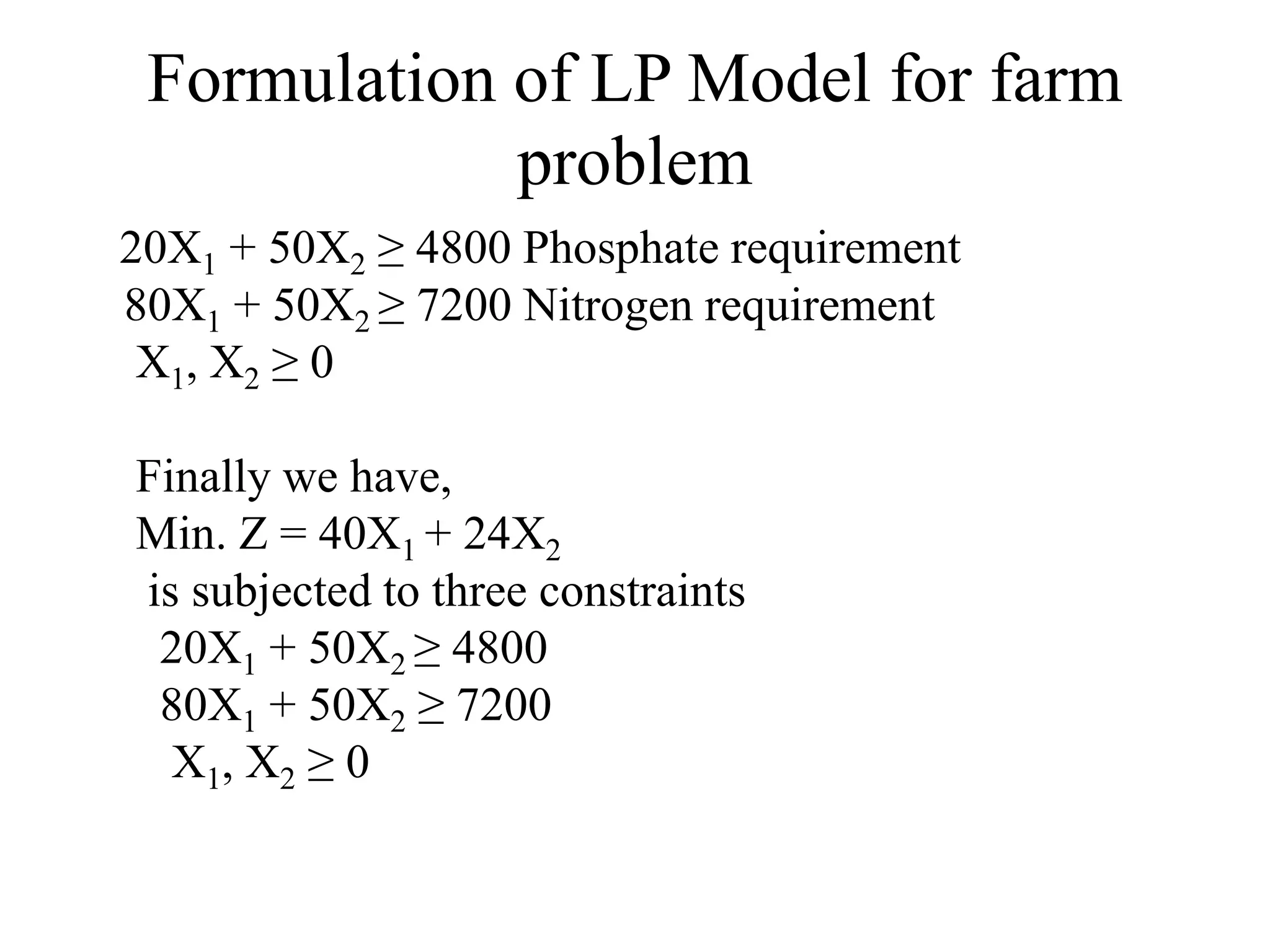 Formulation of LP Model for farm
problem
20X1 + 50X2 ≥ 4800 Phosphate requirement
80X1 + 50X2 ≥ 7200 Nitrogen requirement
X1, X2 ≥ 0
Finally we have,
Min. Z = 40X1 + 24X2
is subjected to three constraints
20X1 + 50X2 ≥ 4800
80X1 + 50X2 ≥ 7200
X1, X2 ≥ 0
 