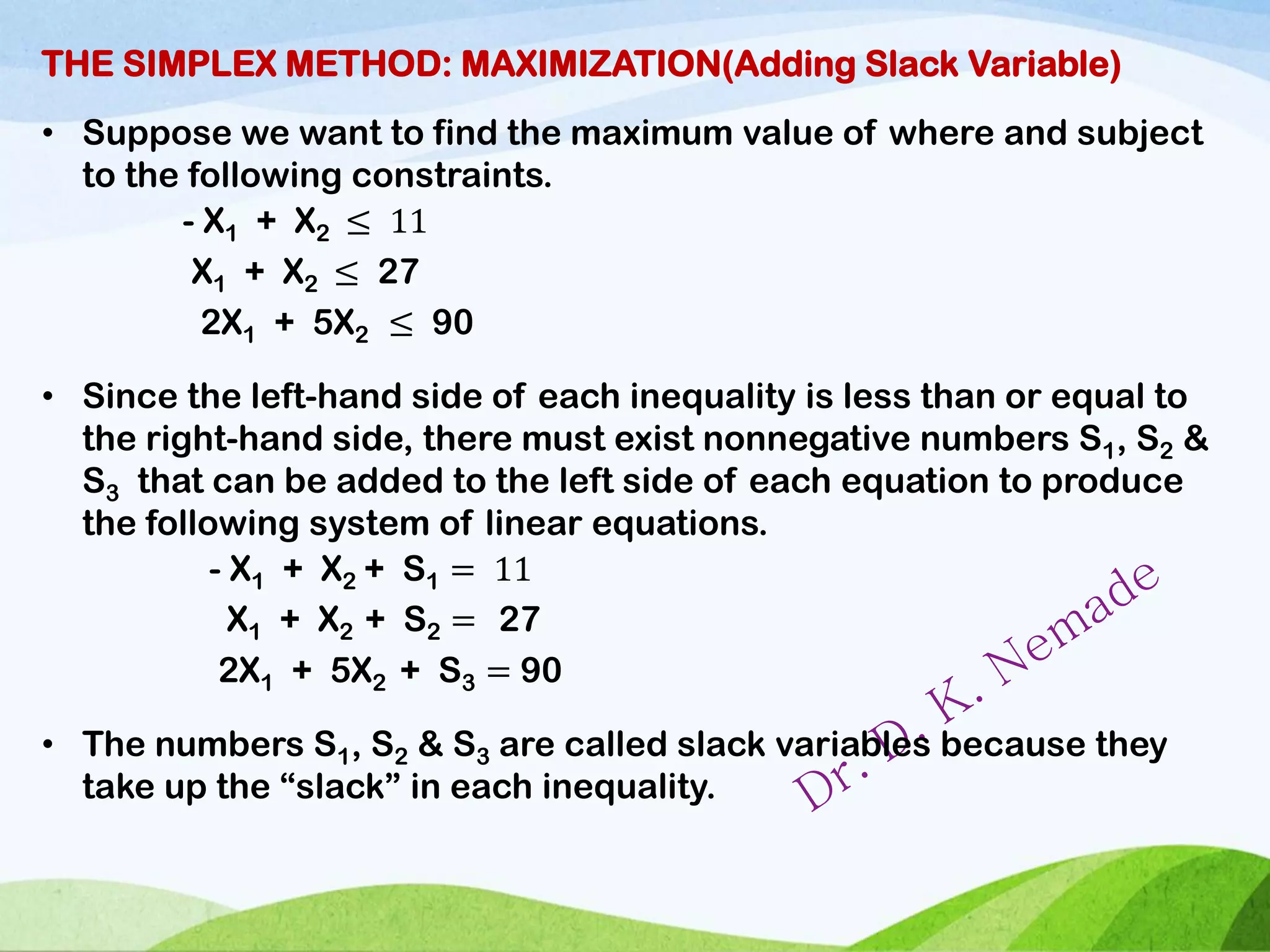Simplex method: Slack, Surplus & Artificial variable | PDF