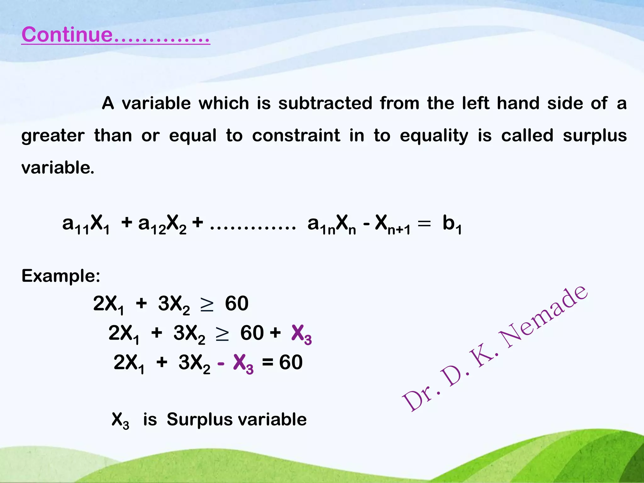 Simplex method: Slack, Surplus & Artificial variable | PDF