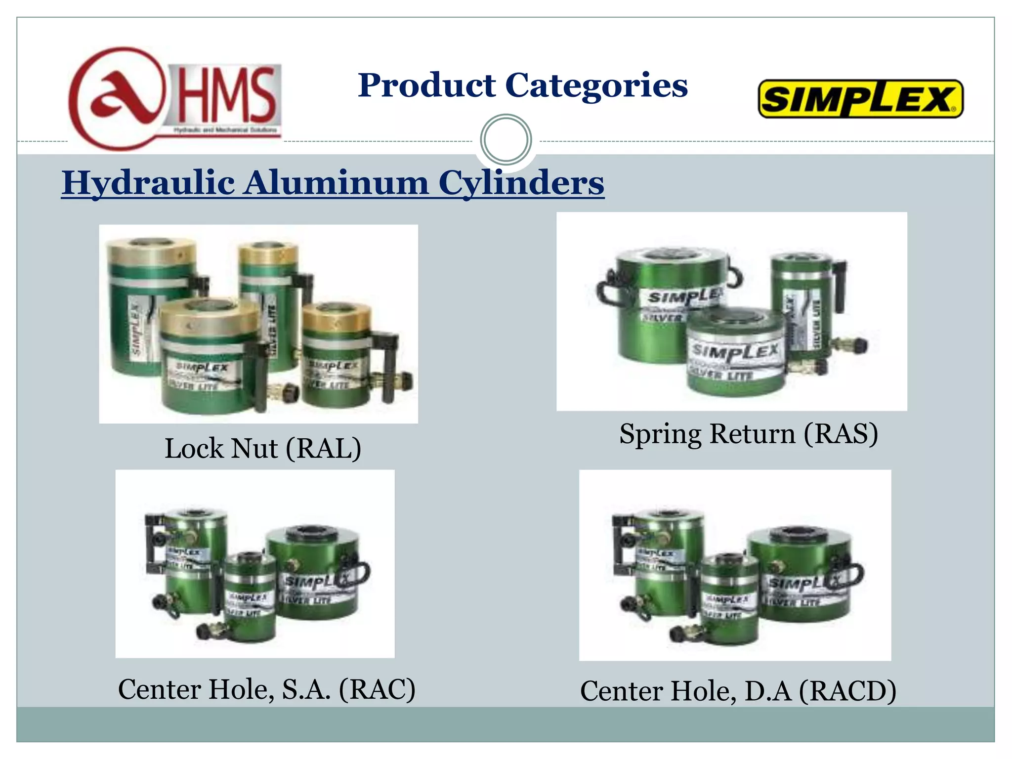 Hydraulic Aluminum Cylinders
Center Hole, S.A. (RAC) Center Hole, D.A (RACD)
Lock Nut (RAL)
Spring Return (RAS)
Product Categories
 