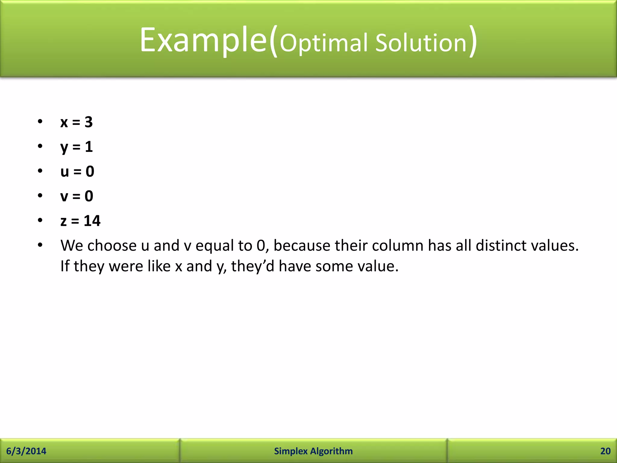 Example(Optimal Solution)
• x = 3
• y = 1
• u = 0
• v = 0
• z = 14
• We choose u and v equal to 0, because their column has all distinct values.
If they were like x and y, they’d have some value.
6/3/2014 Simplex Algorithm 20
 