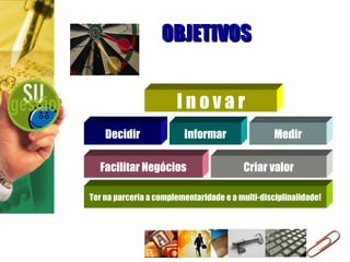 OBJETIVOS I n o v a r Medir Informar Decidir Facilitar Negócios Criar valor Ter na parceria a complementaridade e a multi-disciplinalidade! 