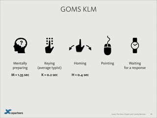 61
Rules (simplified)
Walk through the interface step by step.
List the Mental Preparation (M), Keying (K), Pointing (P),
Homing(H) and Response times (R).
Place Ms in front of all Ks and Ps
Delete Ms between Keying characters
in a single unit (like a word or a sentence)
But keep the first M (thinking what to type).
Delete Ms that come between Pointing and Keying
(so PMK becomes PK)
M = 1.35 sec K = 0.2 sec H = 0.4 sec P = 1.1 sec R = ?
 