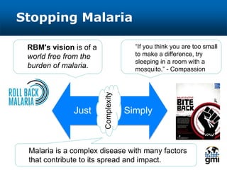 Stopping Malaria
Just Simply
“If you think you are too small
to make a difference, try
sleeping in a room with a
mosquito.” - Compassion
RBM's vision is of a
world free from the
burden of malaria.
Complexity
Malaria is a complex disease with many factors
that contribute to its spread and impact.
 