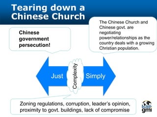 Tearing down a
Chinese Church
Just Simply
The Chinese Church and
Chinese govt. are
negotiating
power/relationships as the
country deals with a growing
Christian population.
Chinese
government
persecution!
Complexity
Zoning regulations, corruption, leader’s opinion,
proximity to govt. buildings, lack of compromise
 