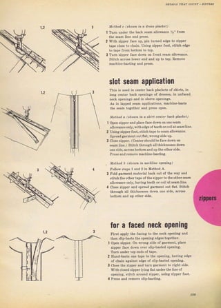 1,2 Method с (shофп iп а dfegs placbet)
т!тп Dпdег the back seam allowance
the seam line and ргеsý.
With zippel face up, pin tчгпеd edge
tape close to chain, Uýing zippeт foot,
to tape fгоm bottom to top.
to zipper
stitch edge
Turn zippeI face down оп fгопt 8eam allowance.
Stitch acIoss lоwег end and up to top. Rеmочё
machine-basting and DIФý.
sIOt ýеаm application
This iý used in center back plackets of ýkitЬ, in
loпg сепtеI back openings of dIeýses, in unfaced
neck openings and in ýleeve openings,
Дs in tapped ýеаm applications, machine-bast€
the ýеаm togetheT and prcss ореп.
MethoiL а lsholl|,D iп а shitt .епtеl Ьасh placket)
Ореп zippeT andplace face dоwп оп one seam
altowanee onty,with edaeof teeth огсоil atseamline.
Using zippeтfoot, ýtitch tape to ýeamallowance,
Sргеаdgагmепt outflat, wrong side up.
close ziрр€г. (centeT ýhould Ь€ face down on
seam tine. ) Stitch thlough all thickneEses down
опе ýide, acloss bottom and up the otherýide.
PIesý апd Iеmоче machine-basting.
Method Ь lshou,n iп песkuпе орвпirr!1)
Follow steps 1 and 2 in Method А.
Fold gaTment mаtёriаl back out of the way and
ýtitchthe other tape oJ the zipper to theother sеаm
alloq,ance only, having teeth оI coil at зеаm line.
close zippeT апd spт€ad gaтment out ffat. Stitch
thrоuяh alt thickllesseý down опе side, acтoýs
bottom and uр other ýide.
for а faced neck орепiпg
Гiтst apply th€ facing to the neck opening and
then slip-baste the opening edges togetheL
l Ореп zippeт. on Wrопа ýide of siaTment, place
zippeT fa.ce down очет ýlip-basted opening.
Тчrп uпdег top endý of tape.
Hand-baste опе tарё to the opeвing, having edge
of chain against edge oJ siip-bast€d openingi.
close th€ zippeT апd tuTn garment to right side.
With cloвed zippeгlying {iдt чпdеrth€ line oJ
орепiпg, Бtitch аrоuпd zipper, using zippel foot.
1,2
1,2
4 Рrеsý апd Temove stip-baýtina.
109
Big gift for sewing lovers download at : http://thetopworld.com/big-gift-sewing-lovers
 