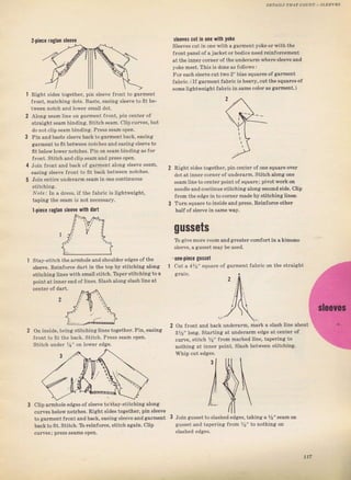 raglan
Drfil.s 7е{7.о.ýт _ýarErtjs
2.pi.ce ýleOve
Right Sides toliether, pin ýteeve JTont to gагmепt
front, mаtсhiпя dots, Baste, еаsiпя ýleeve to {it Ье-
tween notch апd loweт smа]] dot.
Along ýеаm line оп gatment flont, pin centel of
stIaight Seam binding, Stitch S€аm, clipcurves, but
do notclip seambinding, Pfess seam ореп.
Pin алd bJslP s]cРve b""k to gа"mFп' Ьа"}, еаsiпg
sатmепt to fft between notch€s and eaýingsleeve to
fft below lоw€I notcheý. Pin on sеаm binding as fоr
{Iont. Stitch andclip seamand pless ореп.
Join front and Ъасk of gаImепt along sleeve Seam,
eaýing steele front tc, lit back between поtсhез,
Join entire undelaImseam in onecontinuous
stitchins.
N'orej In а dгеss, i{ the fabric iS lightweight,
taping the seam is not necessaly.
l.piece laglan ýleeYe with dalt
Stay-stitch tbe armhote and shoutdeг edges of the
steeve. Reinfolce dart in the top t}y stitching along
stitchinlitines with Small stitch. Tbperýtitching toa
pointat iпп€т end of lines. Slash along Slash line at
Slвeves сut in 0пе with yoke
Sleeveý cut in опе with а garment yoke oTwith the
frcnt panel of а jacket оI bodice need rciпfогсеmепt
5t ]:ье iппеr сотпег of the uпdеIsтФwhеrе slеече and
yoke meet. This iS dопе as follows I
Fоrеасh sleevecuttwo2" bias squares ol gaTment
fablic. ( If gагmепt fаЬriс is heavy, cutthesquarcs of
some 1ightw€ight fabric in sаmе coloT as gагmепt.)
Right sides togethel, pin centeTo{ one sqчsгеочеr
dot at iппеlеотпеr of uпdе!атm, Stitch аlопаопе
seamline tocentefpoint of Sqчаге; pivot wolk on
needle andcontinue stitching atong secondside. clip
from the еdяе iпtосоrпеI made ьу stitching lineý.
Тuгп squаrе toinsideand prcsý. Reinforce otheт
half of Sleeve in ýаmе way.
guýýets
То give mоте Iооm and
sleeve, а gusset may Ье
ona-piece g sset
glain,
оп inSide, ыing ýtitchinglines togetheT. Pin,€ffing
{топt to lit the back. Stitch. PIess seam ореп.
SIll,,h Uпоеr %'.п l,,w"r {"dяр,
clip аrmhоlе edges о{ sleёve to stay ýtitchingalona
culveý belownotches. Right SideE together, pin slеече
to gaтment flont and back, eaýing ýleeve and garтent
backtofit. Stitch. тотёiпfоrс€, Stitch agaln. clip
счrчеs; ргеss seamý open.
on {Tont and back uпdегатm, mаrk а slash line about
в%" longi. Staltinci at undeтalm edge at centeт of
cuгve. stitch %" flom mаrkеd line, tарегiпg to
nothing at iппеI point. Slазh between stitching.
taking а У2" ýеаm оп
" to nothing on
3 Join qussёttо s]ashed edges,
gusset and tapering {тоm %
117
Big gift for sewing lovers download at : http://thetopworld.com/big-gift-sewing-lovers
 