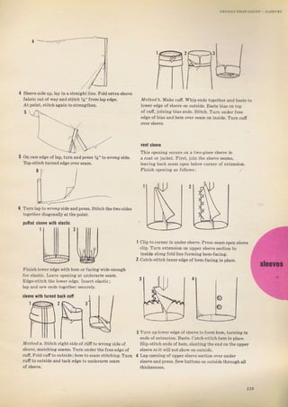 aar.raj
'alraErý,
- ýr.rýуБý
М€rйоd Ь, Make cutr. Whip ends together and bAste to
toweT edge of ýleeve on outýide, Baste bias оп top
of счtr, joining biaý ends. Stitch. Тum чпdеr fгее
edge of bias andh€m очеI ýеаm оп inside, Turn cuff
Sleeve ýide чD,lay in а stгаiяht liпе, FoIdextтa
fabric out of r,ay and Btitch ya" fTom Iap edge.
At point, stitch again tоýtIепяthеп.
puffed sl0eve with 0lastic
sleava with tшtn0d back сшfi
on Taw еdgё of lap, tuгп and рrеsý У4'' to иfр.19 ýid€.
Tbp-stitch turnededge оч€т Seam.
Turn lap to ?rrong side апdрrёss.
togetheг diagonelly at the point.
stitch the two sideý
чепt sleeve
Tbis орепiпg оссuгS оп а two,piece ýlеече in
а .oaf оr ja.kef. Eirql, join ,hp s]ёАче spams,
lеs:гg bacl Sеsm opcn bёlow .оrпсг of ечlFпsiоп.
Fiпiýh opening $ fol]ows:
clip tосоrпегiп undeт sleeve. Pless ýeamopen above
clip, Tum extension on чрреI sleeve section to
inýide дlопg fold tine forming hem,faeing.
catcb-ýtitch jппет edge of hem-facing in place.
Turn trp loweI edgeofsleeve to fотmhеm, tuтning in
епdБ of€xtension. Baste, catch-stitch hem in place.
Slip stitch ends of hеm, ýlantingthe endon the чрреr
sleeveso itrrill not sьоw оп outýide.
Lap орепiпg of uppelsleeve section overundel
Sleevёand рrеýS. Sewbuttoný on outýide thгough a.ll
i
Гiniýh Iоwеr edge with hеm oI facinsi wide enough
fo. elastic. Leave орепiпg at underalm ýеаm.
Edge-stitch thе lower €dяе. Iпýеrt elastici
lap апd sew endý together secufely.
Merrod о, Stitch lightside of cuf to wTong ýide of
sleeve, mаtсЫпа ýеаmS. Тurп undel the 1ree €dgе of
cutr. Fold счtr to outside;hem to seam ýtitchine. Тчтп
cuff to outýide and tack еdяе to undeTafm ýeam
]
/
119
Big gift for sewing lovers download at : http://thetopworld.com/big-gift-sewing-lovers
 