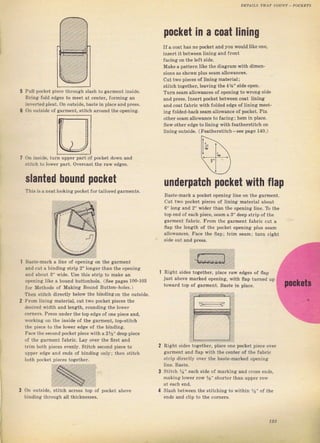 a:,:]',',,.]}
а.,-,.,. , i
Pull pocket piece through slaýh to gагmепt inside.
Bring fold edgeв to meet at сепtеr, JoIming ап
inveгtedpleat. on outside, baste iп place апd press,
оп oulridF of сагmgпl. sl il.h аfпUлd the орепiл8i,
ол inýide, tum
pocket iп а coat liпiпg
IJ а coat has по pocket and you x,ould like опе,
inseгt it Ь€twееп lining апd frопt
ffuing on the left side.
Make а patteTn like the diagTam with dimen-
sions аs shown pluý ýeam allowanees.
Счt two pieces of lining matelial;
stitch to8etheT, l€aving the 4%" sid€ open.
ТuIп seam allowanceý of opening to wrong ýide
and Dгеýs. InseIt pocket between cФt lining
and coat fаЬгiс with Jolded edge oJ lining meet-
ing folded-back sеsm a]tolvance of pocket. Pin
оthеI sеаm allowanc€ to Jacing; hem in place.
Sew оthег edge to lining with featherstitch on
lininяoutýide. (FeatheIýtit{h-see page 140.)
Baste-malk а pocket opening line оп the 8аrmепt.
Счt two pocket pieceý of lining mяtегiаl about
6" long апd 2" wider than tbe opening liп€. То the
top end о{ еасh рiёсе, seam а 3" deep ýtrip of the
gаImепt fablic. Fгоm the gаImепt fabтie cut а
flар the length of the pocket opening plus seam
al]owances. Fме the flар; trim sеаm; tчгп light
side out and р.еýв.
Right sides togethel, place lalv edgeý of flар
just above mагkеd opening, with flap tumed up
towald top of gaTment. Baste in place.
slanted hочпd pocket underpatch pocket with flap
Thiý iS aneatlooking pocket foltajloled gагmепts.
Baýte_mark а tine of opening on the gаImепt
and cLt а binding БIriр 2" longer lhап thp opening
and about З" wide. Use tbiý stTip to make ап
орепiпg like а bound buttonhole. (See pageý l00-103
fоr Methods of Making Bound Button-holes.)
Тhеп ýtitch directly below the bindiпgon the outside.
Гrоm lin'ng mateTiat, счt two pocket pieces thё
deýiIed width and length, rounding the lоw€т
согпеrS, РrеSs undel the top edge of опе piece and,
lvoгking on the inside of the galment, top_stitch
lhp pic.p lo lhс ]оwег edge оf lhc bindinc.
Fаср lhс sр(,опd poc}et pjecc With а 2' r' depp piF.e
of thё galment fаЬгiс. Lay ovel the fiIst апd
trim both pieces evenly. Stitch second piece to
uppel edge and ends of Ьiпdiпя only] thеп stitch
both pocket pieces together.
Right ýides togetheI, place опе pocket piece очег
gагmепt and flар with the center of the faьric
stlip diгectly ovel the baste_maTked opening
]ine. Baýte.
Stitch %" each side of mafking and сгоsS endý.
naking ]owel row Уs" sholter than uppef rоw
Slaýh between th€ stitching to lvithin %" of the
ends and clip to the сотпеý.
3 оп outside, stitch
Ljпdjлg thгоugh all
193
Big gift for sewing lovers download at : http://thetopworld.com/big-gift-sewing-lovers
 
