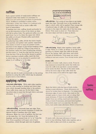 rшffles
Suсh а grcat vaтiety of rcady-made rufringý а"е
displayed today that Taтely is it песеgsаrу to
make уоuгоwп unless уоu want them of араItiсulат
fabfic, Ruflling iS available in cotton, nylon,
embтoidery, eyelet, lace. often it is combin€d with
а decoIative band, Such aS eyelet rufre with
band of embToidery.
If makiпg youт оwп, Iцfriпа should рfеfетаЫу Ье
cut on the cTosýwise оr bias of the fabTic as theýe
will fall in soJteг folds. FоI ciatheTed rufrез you will
need flom 1у4 to 1у2 times the ýрасе into which
the rumе iý to Ье put. Pteated TufreB need about
3 timeý the space.
ln gatheTing Iong ruffieý, divide the fabric length
into quarteтs and gather еасh quarteт ýepaвtely.
ThiS makes it easieI to space the gathefs evenly,
and theтe is tess danger of the thTead bTeaking whеп
the gаthетý ате pulled чD. Using а lona Btitch on
the mасhiпе, make two TowS of gatheTing stitches,
the ffIst about Уs" lTom the edge and the seeond %"
fгоm the fffst. PuIl up the bobbin thтеаd to gatheI.
Ве{оrе staтting to attach Tulfleý, maTk thе item
to which they аге to Ье attached in qlrarteN and
adjust Уа oJ mming to % the edge.
tшfilе witt hiaý. cut а Strip of true bias оr uýе rеаdу_
mаdе bias tape. NатIоwlу tчгп to the outýide the
edg€ to which tuJne will Ье applied. Place Wrопg sid€
of gatlreled edge of гufflе over the tuIned edge
and pin to the edges the ght ýide of the bias ЁtIiр.
Stitch. Ттim ýеаm to about Уs". Тurп bias oveт
the sеаm еdд:еs апd hеm iп place as shoivtt.
Iчfilе $th lacilg. Right sides together, baste ruffie
to edsie. тhеп оп а collar, as shоwп, oI on the fтont
opening of а btouse, tареr the Iufflе дt the end.
Pin-on the facins. fiqht Бidе dom, and Btitch
thlough all thicknesses. Tfim seam, any e;cesý
ruflling at end and соIпеrs. TuIn facinsi inýide; ргеSs.
сirсulаr ruffle
Та поllр o.i.Illol .Ufl,. dгаw s.irгlе, Frоm its
edge measuTe in toward the сепtеr the width you
want the Iufiе to Ье and dвw а second sпаllеr
сiгс]е iпвid€ the first, The liпе о{ the outer ciтcle
will Ье th€ loweт €dge of the гufrе while the
line of the iппеI ciIcle wiu Ье tbe uDреf edge.
маrk the {ab.ic with the lineý of both cilclФ.
adding а sеаm allowance, (Seam allowanceв ате
shown Ьу Ьгоkеп tines iп diagгam.) cut along seam
a]iowance edge of оutег circle; then slash оп the
stтaight grаiп to iппеI ciTcte and cut atong that
sеаm аiIоwалсе, Тг l}e"e;. поI suffi.icni fabri.
length from опе cutting, mагk and cut а second
cilcte, оIтлоIе ifпесеýýагу, and веаm them togetheT.
Stay-stitch inner curтe on seam line. Оп outeI
rlffewiti heading. Nаrrоwlу hеm one edge. Tum
оth€I еdg€ ппd€f the amount пqсеssагу to make the
desircd width of heading, pluв а 7s" 3еаm
allowance. Make two фws of gathels, the ffTst опе
on the sеаm line (5/s" Jrom the bottom о{ the
heading) and the ýecoDd {rоm Уs" to Уа" from thе
liгst. DTawup gath€Ts to fit Spacei pin оr baste
in position; ýtitch thmчgh еааh Tow of gathem.
Rufres еап д]ýо Ье made automatically оп the sewing
machine Ьу using the тufrеr which mау Ье adjusted
to яiче morc oI leýs Jullneýý,
applying ruffles
ready.nade rцrlled edgiпg. with Iight sideý togetheI
and the rufrе heading oI binding and fablic edge
even, stitch thтoltgh heading close to the gаthеIs.
Pless rufrе down, s€аm up, Оп the fabTic edge,
top-stitch close to Seam ]ine thфugh fabTic altd веаm
с rчё, lJm uпdрr sраm аllоsап(р, Stit.h оr hапd_hFm,
Ъ оррl, l,ffр, clip ýеаm al]ouance of iппеr
сuffе to stay-ýtitcling. Right
baste Tuflte in place and stitch
sides together, pin
Big gift for sewing lovers download at : http://thetopworld.com/big-gift-sewing-lovers
 