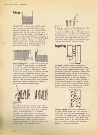 fringe
fuлшшцtш
ýeliflinge This is the oasicst kind of fringe to
make on а соаIsе weave, and is ап attlactive
trimming eýpecialty foт gроrts gal.mentý, Before
Iriлgiпg, triT 1Fс rаЬrП "dc.
,,n ,h. gгаjп,
Measuтe in flоm the edge the desiтed length of the
fringe and pull а thrcad. Just abovc this pulled
thrcad make а line of machine stitching. Then pull
the thrеаd next below the Iirst one pulled апd
спгliluе рu]]iпя |hrраdс lo thе pdPp S|arling in
this way at the top of the ffinge and working
dоm1 keepý the thleads frоm tапяliпg.
'loss
or yarn fringe cut а tenath of hеачу papel the
desiтed Фidth о{ the flinge plus %" and as long
as the раrt to which the fli ge will Ь. attached.
Fasten the floss ог уаla to the рарет апd Trap
it аIоuпd the gauge, lауiпg the strands toпching:
each otheT but not overlapping- Machine Stitch
астоss one tonsi side about %" frоm the edge, cut
thтough the stTands оп the opposite side. Теаг
away th€ lоwеr pnlt of the рарег. TuIn under and
top-stitch the edge of thё gafment to the top of
tho friпяе. Remove rеmаiпiпg рареr.
cut а рарет gaugc thc width and length the llinge
is to Ье. WIap gaLlge i,ith уатп от {iogs and
sесui,е the end, At опе edge, cut thTough ýёчеIаl
stlandý. Ins.Tt а cfochet hook into the ffniShed
faЫic еdgе; with the hook, pick uE the cut stTands
а| ,he uп.uI edgp апо pull lhгоugh " "аЬriс.
Pull the cLltends thlough the loop tofasten. Repeat
until you have desiled anount oJ Jfinge,
fagoting
bar fagoting ваst€ the pjeces to Ье fagoted to
рареI. Take а stitch on the left-hand edsie. WTap
the thleдd around the needle several times, Trke а
stitch in thc Tight-hand side dilect]y opposite. РtlII
trp the thтead to make the Ьаr, Slip the needle
dоýп betveen the {аЪтiс layelý on the light hand
side and take э ýtitch in th€ €dgе, wTap the
thlсаd aтound thе needte as bcfoтe апd take а
stitch iп the ]eft side directly opposite, Pull up
thтead. S]ip need]e doý'r] between fаЬriс layefs on
Ie{t side and continue in the sаmе way until the
desiIed numbeT of bals атс completed.
criýscr0ss fag0ting Baste pieces to Ье faвioted
to papel. Stait at uppeт right-hand side with s
stitch. Take пехt stitch оп left hапd edge, Уа"
Iowef dоýп. pasý пееdlо under the thfead to the
right-hand еdяе and take а stitch. Agaiп pass
needIe undel thlеаd to left-hand Side and take а
stitch, (]ontinae in this way until the desircd
апо!лt of fаяоijпg iS comDleted.
kпOtted fringe
aTros,l}, hеm tbe edge to whiсh fтinge will Ье
attached, Тhrеаd а large darning needle with two
оr mоге StraпdS of ],aln оr ltoss. Turn undel the
P,]J" .^ $ъ:, h ,h. l.ilg" i. -а ьF а!,а.hFd.
-,.;:.х ar, п] .jFhI tr ]eft. Ьгiпg пееdlе up
:; ! -r. -:r:]:.,: r jc" ,i i.]bric. Tale stitches about
i:ar 1i..]rld length
. -_л ,... -.-;i.r ]f
' : -_- i- 1 .:. , li:. ::i.::
"kJ:.ЬЬ
iЧ
r16
Big gift for sewing lovers download at : http://thetopworld.com/big-gift-sewing-lovers
 