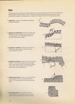 Iace
1'he zig-zagýtiteh on automatic sewing machines does
anothel fabric oI anotheт piece of tace. Nеаrlу a]l the
accomptishedSjmplybyoveltappin8th€twoedgesand
а quick and almost inviSiЫejob of joininglace io
hand-joining ореfstiопý shоWп hele сап Ье
iоiп;пя them flat with а line zig-zag stitch-
to gather lace. val lace сап
а thгеаd оп the еdgе.
Ье яаthеIеd Ьу pulling
ioininglaceto h.mпOd edge. WorkJIom rightto left.
With lacetowaTdyou, catch one hemthlead апd
laee edge together with.,vhipping Btitches. Оr
join flat with machine zig-zag.
ioining lacet0lolled 0dge. With fabric tоwаrd you,
rоll hеm апd whip оп lace at ýаmе time. L)ce
may Ье gаthегеd от eaýed,
joining lace to ontre.deur. Seam one Side о{ епtl€-dеuх
tofabric, TгimcloýёtoseamandoleTcaБtedges.
oгjoin entfe-deuxto fabric with machine zig-zag
stitch, Then roll оthегеdgё otentle-deuxand
whip to tace edsie, €aýing thelace.
ioining lace and iпsеrtiоп. WoIk on vlottgSide. Whip
edges toв:ethel with bose ýtitches so tace will
]ie flаt. Ог очетlар еdgез and use machine zig zag
2
4
Е€8 aaЕ ч::Еr !п*rtiоп соrпег,
ýФ а..ЕiЗ ].. i-.r 1о Е]!., li iа,еtопеr.
dг.. Er',i:я"j:,: a{i*r Еa сфt:.,:е jo,n,ia,
00UDооп
,Ja
Big gift for sewing lovers download at : http://thetopworld.com/big-gift-sewing-lovers
 