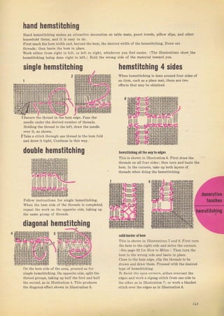 hand hBmstitching
Hand hemstitchinя makes ап attraetive dесогаtiоп оп tabie matý, guest towels, pillow slips, and otheT
hоuзеhоld items, апd it iS easy to do.
Firstmагkthе hem width and, beyond the hеm, thе degired width of the hemstitching, DTaw out
thfeads; then baste thе hеm in place,
WoIk eithel fгоm гight to left, оI l€ft to right, whicheveт you ffnd еаsiеr. (The illustfations show the
hemýtitching being done right to lett.) Ho]d th€ wгопg side of the mateIial toward you.
siпgle hemstitching hemstitching 4 sides
When hemstitching is done afound four sides of
an item, Such as а place mat, theIe ате trпo
efiects that mау Ье obtained.
1 Sесчге the thтead in th€ hem €dge. Pass the
needle undel the deýiled numbel of thrcads,
Holding the thгead to the teft, drаw the needle
over it, as ýhоwп.
2 Take а stitch thlоugh one thтead in the hem fold
and dIаw it tight. continue in t}tis way.
dочЬlе hemstitching
гollow inзtIuctioný
when the hem side
Tepeat the wolk оп
the sаmе gloup of
diagonal hemstitching
on the hem sjde of the аrеа, proceed аs for
single hemýtitching, on opposite side, ýplit the
thlead gloupý, ta.king up half the fiгst and hatf
the second, as in Iltustlation 4. ТhiS pToduces
the diagonal efiect ýhown in Illustlation 5.
hemýtitciing allthe wау t0 edgeý
ТhiЕ is shown in Illustlation 6. FiTst drаW the
threads оп all fоuг sides l then tuIп sпd baste the
hеm. In the соmеrs, take uр both layeTs of
thтeads wheв dоiпg the hemýtitching,
fol single hemstitching.
о{ thе thгеаds is completed,
the oppoýite Side, taking up
ýoljd horder 0f hеm
ThiS is Shown in lllustгationý 7 апd 8, FiгSt tuTn
the hem to the fight side and miteт thе сотпегs,
(See page 92 fоr How to Мitег,) Тhеп tuIn the
hеm to the vтопg ýide and baste in place.
close to the hеm edge, clip the threadý to Ье
dlawn and dгаw them. pIoceed with the dеsiгеd
type of hemstitching.
Ъ lпiвh thP, оljеп .o1,1lerý, eithel ovelcast the
edges and woTk l zigzag Etitch ffom опе Side to
thе оthеr as in IllustTation 7: оI woтk а blanket
Stitch ovel the edgeý as in lllustration 8.
lt,
Big gift for sewing lovers download at : http://thetopworld.com/big-gift-sewing-lovers
 