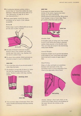 DDaA|LS IЕл1, coUNT тлlLоRlNG
4А At uпdеrвгm, between notcheý, ýtitch а
ýесопd time уs" frcm fiTýt within the seam
altowance. TIim this аrcа of thе sеаm to У4"
(See illustration оп page 68 of shоrt
coat demonstTation.)
5Д Preýý sеаm lightly towaтd the Bleeve,
ýhlinking out as much of the Jullness
as possible.
jacket hеп
In the same way make the hеm at the
bottom of the jacket, lapping hеm iпtеI-
facing oveT fmnt inteTJacing.
Flatten hemý Ьу sЪam-prcssing. WЪip-ýtitch
fгопt facings to hеm at lorrer edge. Then
give jacket а final thoтough pTessing.
Meth.oal в
Гоllоw stepý 1 and 2 of Method Д, but do not
pin the ease in place. Instead:
interfacing ýleeve
sleeve
Tie ends oJ thlеаd to hold ease in рlасе.
Rрmочё slеече flom almhole and steam-
ýhriпk ease fTom ýleeve top, shaping oveT
the end of а taitor's hаm.
Pin ýlеечё into almhole. Stitch and pless аз
diтected in steps 3, 4 and 5 of Method Д.
sleeye hem
cut а tIче bias strip of pIe-sh ink muslin 1"
wideI thяп the hеms.
Pin mustin to wтопя side oJ ýleeve %" below
the hеm line, lapping ends at оl1е of the
seams, гasten in ptace with lonei тuппiпg
Should,ef Pad,B
IJ sЬочldеI pads arc bein8: uýed, they ýhould
Ье put in now befole the lining is attaehed.
Anchol thеm ýесчгеlу to the shoulder sеаm.
Тhеп ýew them ail аючцd to the interfa.cing,
using loose ýtitfhes,
If desiт€d, weights can Ье put into the bottom
of the jacket ог coet. coveTthem withliпing
fаЬIiс and sew to веаmв Bt LrppeT edge of
Н опd-Р,;сkiпg
Edgeý of соtlаI and lapelý ате sоmеtimез
ffnished with hand-pick stitch. Uýe
buttonhole twist ог cotton еmЬтоidегу ЯФý.
closeto the edge make а linoof hand
iac*et hem
зв
1в
edge to folm hem. Pтess. Sew
iпtеrf)сiпg with 1опg Tunnillg
slit.hea, lаkiпя а shorl bapl stilcb on thе
outside апd а longeт ýtitch in the thiсkп€ýý of
the Ееаm. Rечетg€ thе stitches at the
lapel Toll.
i
picling
119
Big gift for sewing lovers download at : http://thetopworld.com/big-gift-sewing-lovers
 