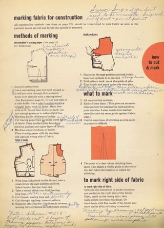 mаrkiпg fabric for сопstrшсtiоп
Дll conýtruction ýymbols (ýее them on page
яаrmепt pieceý srе cut and bejore the patteTn
methods of mаrkiпg
drcssmakrr'ý traciпg р.ре| Gе2 page 25
i";;;f|;;,i.;; -'- {,_l. J,_,,,-",1,
_.r*rХiф4,1z.=,'
-;;,,э-r-)
l Gmefal ingtrlletioлý
lli Uýe а сопlrаstiпg eoloI bul light епоUgh so
llllt wilt not
"Иоw
tЬrоugh thin mаtегiаL
Твсе очеI Symbols with а tTacing wheel,
(See Equipment, раgе 3). o1uýe dull edge of
а tаЫе knife. Use а llrleт !gsцЦq.,!щk!цs
ýtraight lines, such as daтts. MaIk dotз
side against wrcпg side of fabтic.
tailor'ý tacftý
12) should
chalk апd
o""lz>
J-u,r-,q
a--t"-Z-.a)
Place Diný thтouch Dаt[егп and both fдЬгiс
tuy"ru on
"уrnьой
to ьо mаrуеа, о-!,+-'l' /'-,l'
Foltl рsttеш back ; mдrk alongside of piKs.
just enough рrеýsчI€ to make а light line,
Ма*;па doubl, lh;сkпрss.J Цlg h;-,/,t-a, I
рч( tгsс;пg paper Jsc. лд ппdеt lowPr феt чааi!ц L,ZЗ
vit} an х. Do not ЬеаI down toohaтd: uýe
of fabIic, Place апоthеrй ecela.ce iLоФп- Jаr..|-,2.|
ebpeen раttеrл and uрр".l"у." oi-tub.i",
arb Lg single thicbness ot flrbфc
Place tтacing рарет ],yith itý maTkina
Atl construction symbolý.
Епds of seam lines. (This gives an accurate
meaýuIementfol placing the sеаm guide оп
your machine. Lower needle into maтked
Аеаm lile апd ýet seam cuide againýt fsbTic
edeie.)
cuTvedýeam liп€ý, if stitchingan even seam
оп curveý is difrculi.
1
2
Тh€ point of а daTt wheTe stitching lines
meet. This makeý а viýiЫeguide to t}e endof
thё d,Tt whеп thё material fu folded fоr
ýtitching.
with long, unknotted double thread, take а
Бmаll stitch throuah patterl and both
fabric layeтs, leaving lопg end.
to mаrk side of
t0 mагl riФt side 0l fibTic
Symbols like buttonhole оr pocket locations
are needed оп the flgt' side of the fabric.
Fiтвt, mark оп the wrong side; then
baste-Btitch ovel these maгkings. От
hand-baste йth ffne needle if 1hё fabric mау
showmarks after stitching iý гёmочеd.
right fahric
з
4
5
piný
=с
/r
sерАгаtе fаЬгiс layerýl :)!р :.hreadg belweqn,a|a fli
lеачiпg tufts of thrеаd-'Ъоth fаЬriс pieceý/ /
l,a-!L,;'d j|+ 3
&..lr_ц
-a.!---L-
al"& o-J.> 2 /"аз*- "7
4- еr_.а4).2 /.ZЬ,-э Э-
r"rЩ,,;БJ,л+
)7-"-1-1--.
Big gift for sewing lovers download at : http://thetopworld.com/big-gift-sewing-lovers
 