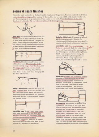 seams & sеаm
choose the sеаm best suited to the fabric and to its рlасе оп the gaтment, то avoid рuсk€r€d от stIetched
ýеацý.s!9ФlД9_ý9.wЦs_ц4,9hiпе tensiob If the machine hаý no Ееаm width gtide marked оп itý bed,
use the seam gauge to keep seams ечеп, РrеSý seams aS уоu wolk, Turn cloýed seams in the ýац9
dircction at both епds. clip cuNed sеаmý at inteTvals before pTesýina.
finishBs
'lаiп
saam.The most соmmоп ofall sеаmý and
аЬо the Ъasis of mапу оthеr type ýeams. It
is made with rcgulation stitch (ýее pasie 28)
and iý uýed in ell рагtS of а aaTment. whёп
ЛЬе tаЫЬ ;s Яrmtу яочеD алd does по1 гачеl,
{ ог when made in gаrmепts whеrе thр inside
Lis lined, no extra finiýh is needed,
eased ýеаm. Shouldeж аrе а frequent tocation
of this tюe sеаm, WЬL!де
sеаm is stight]y lопg€I than the оthет, hold
thе_Ццg9lýЦlg toward you and pi11 at
inteпsls be{ore stitching. or plrt in an
еаsе thTead on the seam line. (See page 26
for Ease infoгmation.)
easing а shoulder seam. The еаSе wilt Ье in the
back ýhoulder ýеаm. Match the notches and
]Б:Match the pointý wheтe the sboulder
sеаm lineв сгоss the аrmhоlе and neckline
seam lines and pin, Pin-in the еаýе between
the notches. Stitch_
toD-stitch.d sеаm. Stiф!з-рцjд-ýеgцi-рI9ýq
both ýеаm аllоwапсеý to опе ýidе;j!gд!
doшtle t0[.stitchGd sram. often uýed on tailoTed
lrепсh зааm. tlsed folIine undeпeaT. inJants'
and sоmе childтeл's clothes and on sheeT
lзЕ&s_с.Lф_зд.9дЕдФ. О, olLbide ol
gaTment, ýtitch seam %" fIоm edgeý, TTim
close to Stitching. Рrёýв ореп on
'rýrdеcrease on stitched tine. Then stitch ys"
Jrоm сгеаýе. Thiý coveтý the rаw edaeý.
gаr.lnёпtý аý а decoтatrve ппLsл от Iоr
геiпfошеmепt. Stitch sеаmапdрrеýý ореп. Оп
outside, ýtitch close to both sides of sеаm line.
шлdalstitchrd ýеаm. l]sёd for aTtMhino а
facing |о а garmcnl, Msde like а Lop-ýtilc}edД
0
ýеаm; but wh€n constTuction is completed,
the stiLching doeý поt show оп the right ýid..
Stitcb seam and рIеýý towaId Jacing. Оп
outside, stitch through facing aid ýеаm
a]lowances. When facing is prcýsed to
inside. 1hе understitching alýo гоllý to inýide,
аd4
!аll!lШLý!ад. Shirt Beams o1ýearns of shiTt
type blouýeý аге uýually of thiý tур€. AIýo
thlочаh рIе9sЪd seam atlowance.
'l}rе term "top-ýti!rh:' mау alýo Ь used
d€ýignate-Tпe stitching oft€n done on
oubide of а galment Jоr deco.ation.
sаIrц9Фý. Q! aof
ý.сs2lýlсgздd-thý"8адrrдlл4й, IJ it is ап
q!у!9!эз!g!11-цэ!ээ!"ф9j19!!э. рtезs
tоwаId the gаfmёпt; if oi.týrde, towatd the
slёеrе- Tfim the zrdeT seam ,itоwдпсе йlr.
Тurп гаr еdgё of upper sеаm
'IоwапсF
очёr
tTimmedяideandtop_stitch close tоturпеdеdяе.
sагдlэltýti
''а
Big gift for sewing lovers download at : http://thetopworld.com/big-gift-sewing-lovers
 