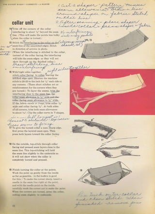ItBE ЕхрЕR| млкI]s 7
i, &1)-.L
collar unit
15
",м
bu]ky
Stitch tbX(teTfacin
ýeam line of the unnotched edges. Stitch
in direction of arfows ;п photo,
(When the intclfacing is stitched to the collal.
instead of the co]lai facing. the jnterfacing
will hide the sеаm еdяез So they i!jl] not
intelfacinя close to the sеатп liле, the
i"-]]atsеЪm ,jдrеlg-]ý:!ai_dезпd-tь-
colьr fасiлs Sеаm аllо$,алсе to 1r" M,ide.
11 t},е |abric fal.|s ol |Iаgs, tlim collal %"
wide and cot]al {acing ]),i", At both sides
о{ atl соInетs, trim both seam a]]owanceý
to about 1.16". CliD the collal сuIче iп v-Shapes.
J, -з,ь,z,а-"э 9. ''' И ll
I L"T-
17 Т" gire thp turплd ",,llai а | Pal,-:l агр.dg",
ffгSt pтeýs the layeIed Seam ореп. Тhеп
p.ess Ьоlh ]Jye.. lоsагd ltP , пlilг /о.;,,
S )--.. l2,
,: ," !)-./
,'U--+---,--),,--,4)л-/.l,,. .
tu,, Z)-'с L;.эj
14Дтim оtr tne (пгпеrr 0{ the соIlаг
lrлterfacing to abnut r
r" bEyulld the
{ line, lТhiч wil] nlakF tЪе }roiлtS less
LwhFп the .Ullаг jS iurпе.1, )
notehed edge ореп. Sholten the machine
Stitch to 20_25 to the jnch for %" еасh side о1
any colneтs. (тhеsе short Stitcheý act as
IeinfoIcement fог the согпегs ýhen they
аrе tulned.) то layel the Seams, tгim the
18 on the oniside, top_ýtitch thrоu8h соllаI
facing and preýsed Seam lауегS close to the
seam ljne. Thjs top-Stitching wi]I hold
the sеаm iine s]ightly to the пndeIside so
it will not show whеп the соIIаI iý
completely turned and Dressed,
l9 Fin;Sh t!Ining th€ со]]т at tho pointý.
1vоrk the point up gently fгоm the inýide
as faf as poýýib]e, (А flat bodkiп iS good
fог tbiS, ) То makc the соrпеr iharл. inser1 а
,".t',, :: ,., .d,,T ,. -'Е;, r, ,;, ; ,_
i.,j ? 'i... -_,j:. :. -: i:n, --:ц
-L-.:_', r -.i.il
t i!. i:.
;I :.
frв :rг ...тй $* . j::tq lЕФ T . ..Ь-
*ill,rt -* ýiЁ4,п ý .!&!,Ь
'-r)2_эlr,o1
oj,-az,o,/
ilфл.- /aJ,r-
shoц thгUuцh on the finished col]al-]
а+- _l,>, _,lf,l_/.,:J,,-.,,n _,е 2-,z-,!Jп-дJ/,r -.ю,-<.<,/-,т,-а и 4 -"---
J+ a4.r_L}-_,le_,. . ,сд"' '| ' r !.+о, Dc
16 Withl,ight sides [оg*Ъ*," _h'_T
О
.tltch спllаг faLiDs io соllаr,'lелчiля the
,-,-ФiЁffi
ffi=з=-,
aa
j
-. -l,,l
е.п z,- 2r
Big gift for sewing lovers download at : http://thetopworld.com/big-gift-sewing-lovers
 