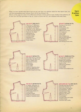 When you have decided what ffguге type you аIе, and then use pattefns made foт that figuге type, уоч
will find dleýsmaking eaýieT because thеге will ье lеýs fitting to do.
Shown on thiý page аге ýоmе of the difielences between чагiочS раttеIп types. Bodiee fтont patternв, all
in size 14 or the ýize equivalent to the 14 (sчсh as JunioT size 1з), аге compared with each otheT,
figu]e
miýs ýize 14.juniot size 13.
Тhете iý а 1" ditrerence
in height between these
two ffgurеS, and this iý
feflectэd in tl,e ditreтence
futhe |foпt 1,Ooist lеп!]th.
Note also the ýliaht
ditrerencesin:
shouldeT len8th
frопt width.
miss sire 14. hilf.ýircl472.
The Hatf-Size ls а ShorteI
figuтe than the Miýý and
has а 1" lalgeI buвt.
This s},оws in these
fTontlength
fmnt width
lепяth oJ waiýtline dart
And note ditreIence in
shou]der leneth and Slol)e.
tееп size 14.sчh{Oсп siz0l4s.
А height ditrегепсе of
11/2" between these two
figчIеS ýhows in the
|ront leng th. other
differeneeý арреаI in:
shoulder length
widthof чпdеIаIm dart
iепgth of waistline daTt .
t
I
l
7.|,
L
& раttеrп
types
gir' ýize 14.ýчh-toеп siie 14s.
Becauseof the GiTl's
lesseT buýt
outstanding
ditrercnceý in thеsе
frontwidth
andlength
daTt in Giгl'sраttегп,
as this ffgurc haý
little need foT
daft-fittinя in this arca.
lirlsize 14. chnhhie sire 14Ис.
Though these two ligптеý
аге the ýаmе oveЕtl
hei8ht, the гочпdпеss
of the cbubbie figчIе
diffеrепсеs between:
{гontlength
Iтont width
neckline and аlпйоlе size,
iuniorpctitesiz.11 ip.
juпiorsiier3.
Тhочgh both ffgules have
the ý,old "Junior" in
thеiг nameq the ff8чгеs
аге dissimilar. (Read
descгiptions on the
oppoýite page.) The
Jlontlength
shouldeг slant and width
waistline dart width.
/
г.
/
]}j
r=:
hi
'

t:
-l
]
{
ш
Big gift for sewing lovers download at : http://thetopworld.com/big-gift-sewing-lovers
 