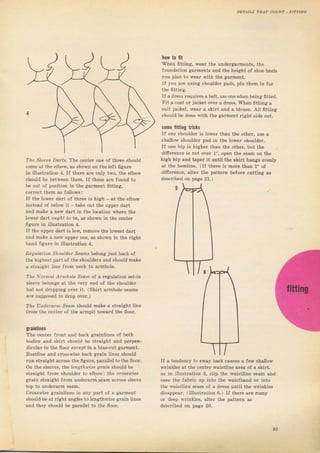 how to fit
When fitting, weaт the undelgafments, the
foundation gагmепts and the height of shое h€els
you plan to weaI with the garment.
If you ale using ýhoulder раds, рiп them in fof
the Iitting.
If а dleýs rcquires а belt, usеопеwhеп being fftted.
Fit а coat от jacket oveT а drеsý. When fittiIlя а
suit jacket, wеаr а skilt and а blouse. Дll fitting
should Ье done with the gаrmепt Tight ýide out.
s0me litting trický
If one ýhouldeI is towe} than the othel, use а
Shallow shouldeI pad in the loweт shouldeT.
If опе hip iS higЬ€r than the otheт, but the
dilТегёп.е iB not очеf 1", ореп the sеаm оп the
high hip апd tарег it until the ýkirt hangs ечепlу
at the hеmliпе. (If thеrе is mоrе tлдп 1" of
dilТ€тепсе, alteT the pattem betoTe cutting as
desclibed оп page 21.)
The Slee|e Dаfts. 'lhе centef one of thlее shoutd
соmе at thе elbow, as shоwп оп the teft figurc
in illustlation 4. If thele аrе only two, the elbow
Should Ь€ Ьеtwееп them, If these ale found to
Ье оut of poýition in the garment fitting,
соrlесt th€m аS follows I
If the iоwеI dаrt of thfee iS hiah _ о' the elbow
instead oJ bejow it take out thё upper dаIt
and make а new dalt in thе location wheTe the
lоrёг daгt оrrlf to Ье, aS ýhown in the center
ffguге iп ittustгation 4.
If the uрреr dагt iS 1ощ rеmоч€ the lowest da|t
and make а new upper опе, аý shоwа in the Iight
hагd lig,rrе in illuýtгation 4,
Regulatioп should,er Seomý belong just ba.k of
the higheýt рагt of the ýhouldels and should make
а straight line flom neck to armhole.
Тhе NorпLal АfпlhоI. S.or. of а Tegulation Set-in
ýteeve beio1tes at the чегу end of the shoutdeI
but not dlopping оч€r it. (Shiтt агmhоlе Sealns
ole Supposed to drop over.)
The U dеrоfп sеап shочld make а stIаiяht line
Jrom the сепtег of thе aтmpit towald the flоот,
grainlines
The сепtег front and back gгaintines ot both
bodice and skiIt ýhould Ье stTaight and pefpen-
dicutaf to the flool €.Lсе?r' in а bias-cut galment.
Buвttine and стозýriве back gтain lines ýhould
ruп Straight асIоýs the ffguTe, parallet to the flооI.
on the sleeves, the 7еи9tП?r'3е gmr, Бhоuld Ье
ýtгaighl frоm сhоuldег to elbow: the .rоssшisр
grain straight from undelalm seam асrоss sleeve
top to uпdеrагm sеаm.
Crosswise gтаiпliпеS in апу рагt of а gament
shouid Ье дt light ang]es to lengthwise gгаiп tines
and they sbould Ье рятяtlеl to the flооr.
IJ а tёпdёпсч to ýway back сацsеs а few ýhallow
wrinkles at the сепtеr r'aiвtline атеа of а ýkiгt,
as iп illuýtratioп б, clip the waisttine Beam and
еаýе the JаЬгiс чр into the ryaistband оI into
the waiýtiine веаm of а dIeýý until the wrinkles
diýарреаг. (Illustгation 6.) If theтe аrе mапу
ог deep wтinkieý, alter the patt€rn as
described оп раgе 20.
Big gift for sewing lovers download at : http://thetopworld.com/big-gift-sewing-lovers
 
