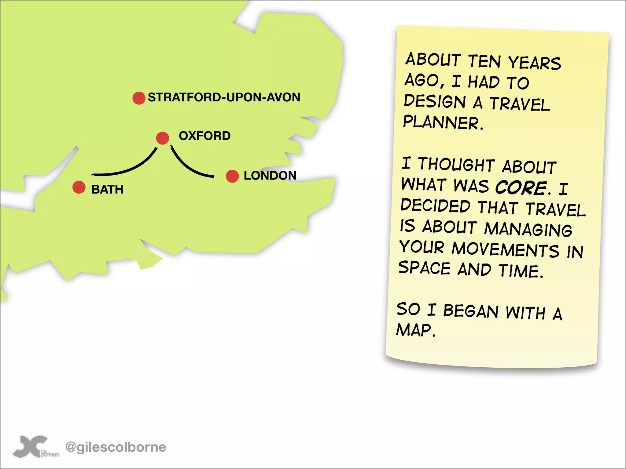 About ten years
                                   ago, I had to
           STRATFORD-UPON-AVON     design a travel
                                   planner.
                 OXFORD

                                   I thought about
                          LONDON
   BATH                            what was core. I
                                   decided that Travel
                                   is about managing
                                   your movements in
                                   space and time.

                                   So I began with a
                                   map.




@gilescolborne
 