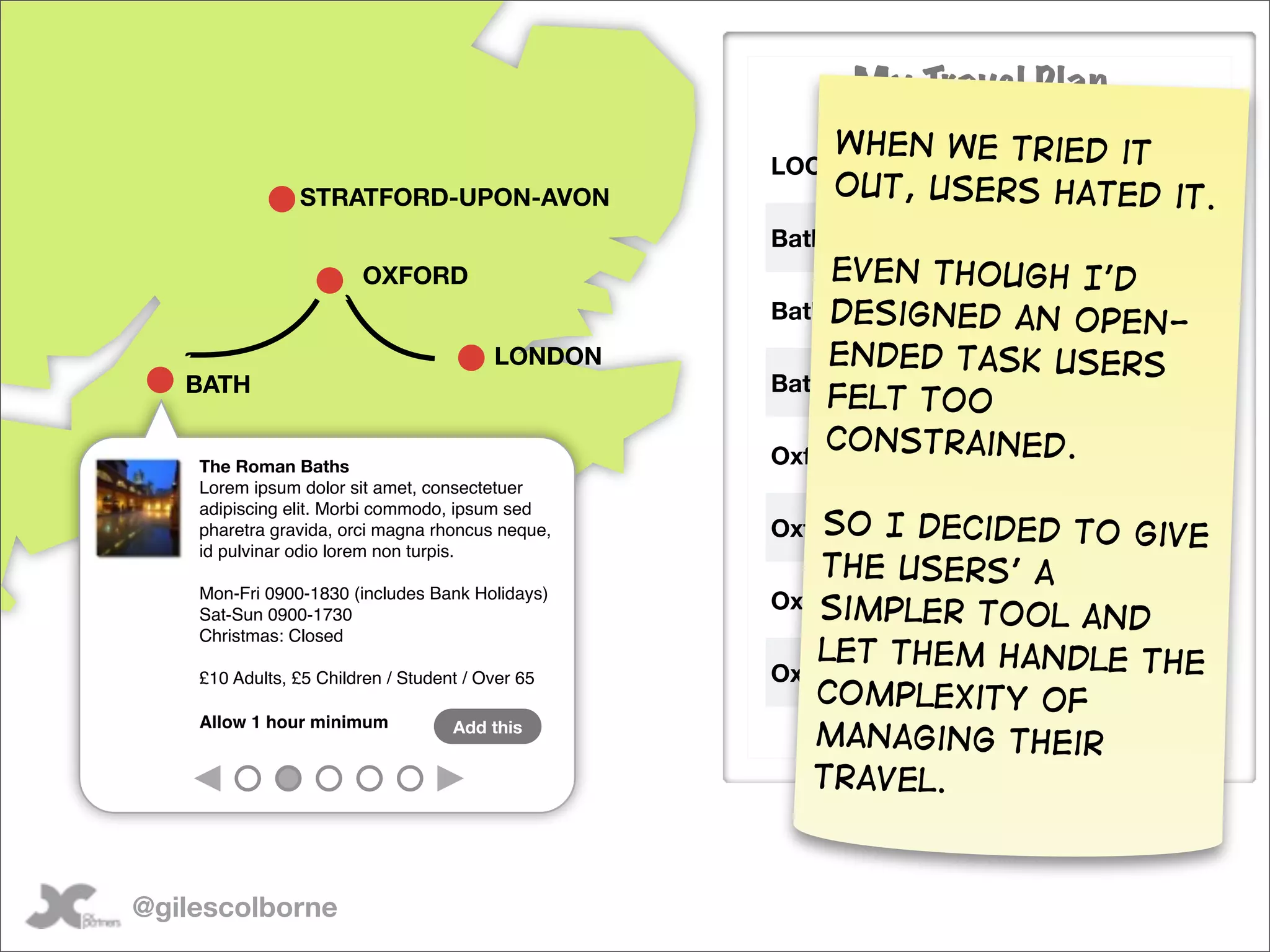 My Travel Plan
                                                         When we tried it
                                                  LOCATION ACTIVITY  TIME
                STRATFORD-UPON-AVON                      out, Users hated it.
                                                             Excelsior
                                                  Bath                   N/A
                                                             Hotel
                        OXFORD                         Even though I’d
                                                            The Roman
                                                  Bath designed an 0930-1030
                                                            Baths     open-
                                         LONDON        ended task users
                                                            Train to
   BATH                                           Bath                1042-1153
                                                       felt too
                                                            Oxford
                                                      co The King’s 1230-1400
                                                  Oxford nstrained.
    The Roman Baths                                          Head
    Lorem ipsum dolor sit amet, consectetuer
    adipiscing elit. Morbi commodo, ipsum sed
    pharetra gravida, orci magna rhoncus neque,       So
                                                  Oxford   I decided 1415-1515
                                                             Punting   to give
    id pulvinar odio lorem non turpis.
                                                      the users’ a
                                                             Ashmolean
    Mon-Fri 0900-1830 (includes Bank Holidays)
                                                  Oxford m
                                                      si plMuseum ol 1530-1700
    Sat-Sun 0900-1730                                        er to      and
    Christmas: Closed
                                                     let themto ndle the
                                                             Train ha
    £10 Adults, £5 Children / Student / Over 65   Oxford               1722-1835
                                                             London
                                                     complexity of
    Allow 1 hour minimum            Add this
                                                     managing their
                                                     travel.



@gilescolborne
 
