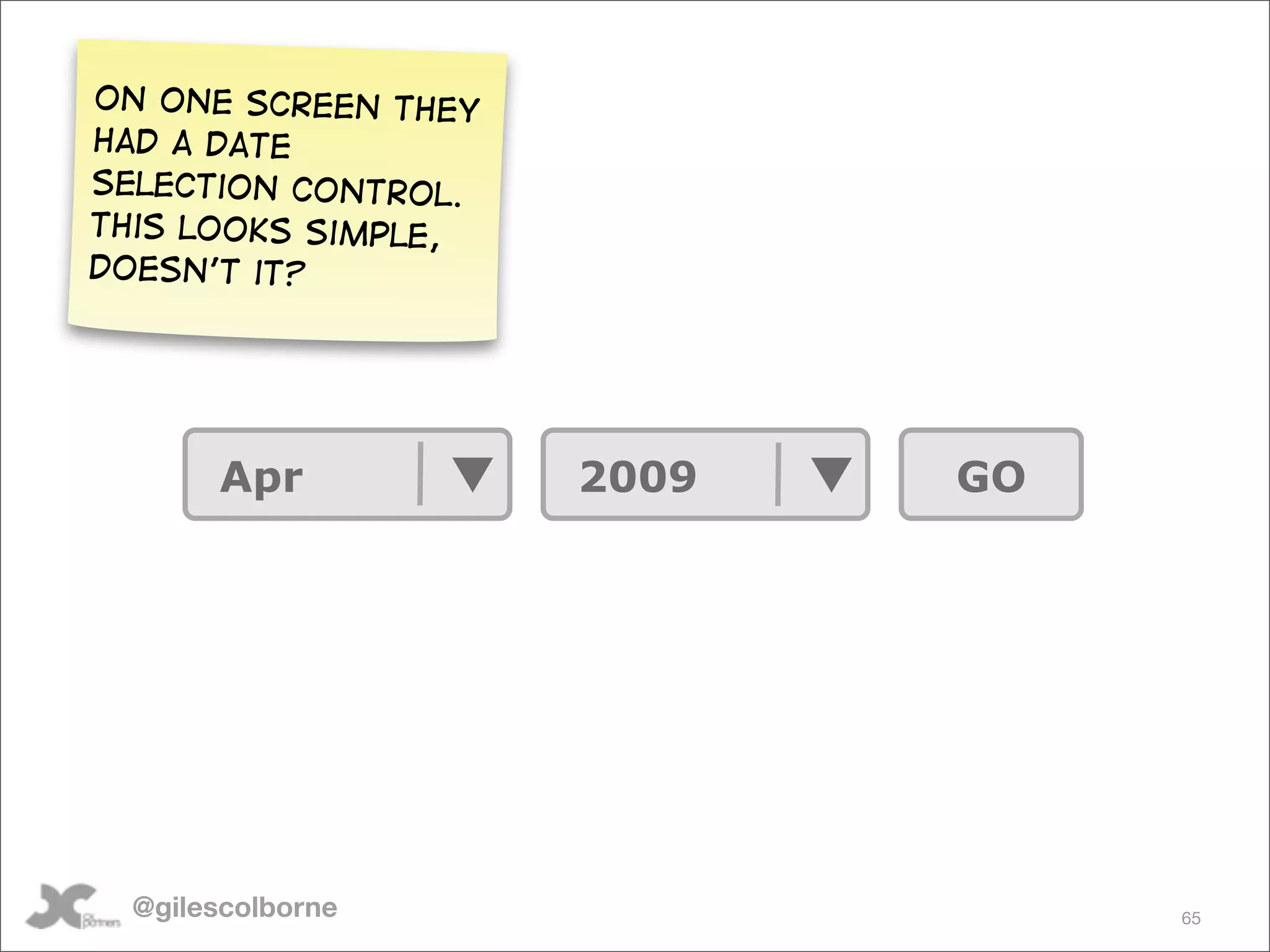 On one screen they
had a date
selection control.
This looks simple,
doesn’t it?




       Apr           2009   GO




  @gilescolborne                 65
 