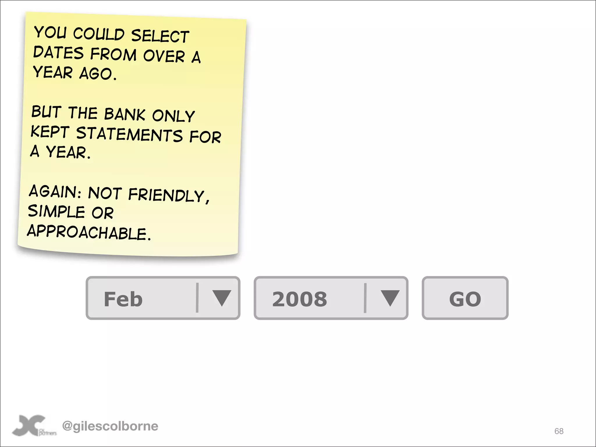 You could select
dates from over a
year ago.

But the bank only
kept statements for
a year.

Again: Not friendly,
simple or
approachable.



        Feb            2008   GO




   @gilescolborne                  68
 