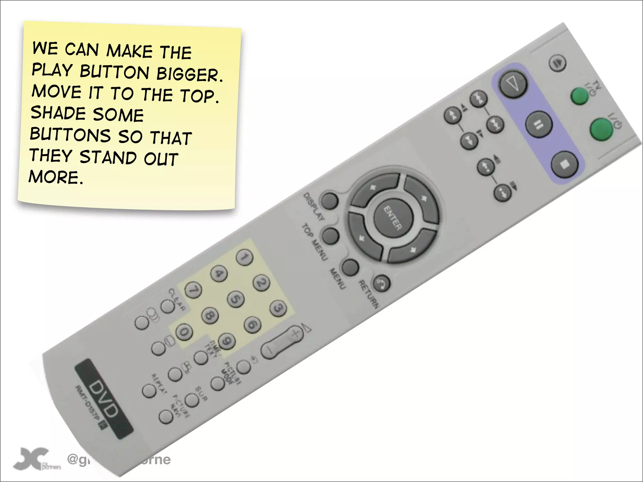 We can make the
play button bigger.
Move it to the top.
shade some
buttons so that
they stand out
more.




   @gilescolborne
 