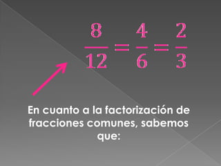 En cuanto a la factorización de fracciones comunes, sabemos que: