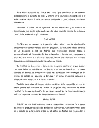 Para cada actividad se marca una barra que comienza en la columna
correspondiente a su fecha de inicio y termina en la columna correspondiente a la
fecha prevista para su finalización, de manera que la longitud del trazo representa
su duración.
Establece el orden de la ejecución de las actividades y la relación de
dependencia que existe entre cada una de ellas, además permite la revisión y
control entre lo ejecutado y lo planeado.
Grafica CPM.
El CPM es un método de trayectoria crítica, eficaz para la planificación,
programación y control de toda clase de proyectos. Su estructura básica consiste
en un diagrama o red de flechas que representan gráfica, lógica y
secuencialmente el desarrollo de las actividades o tareas que componen el
proyecto, con miras a economizar tiempos, utilizar eficientemente los recursos
disponibles, e indicar previamente los cuellos de botella.
Su finalidad es determinar el tiempo más temprano posible en el que pueden
concluirse todas las actividades que lleguen a un evento determinado, la mayor
cantidad de tiempo de duración de todas las actividades que convergen en un
evento, se calcula de izquierda a derecha y en forma progresiva sumando al
tiempo inicial el tiempo de la actividad posterior.
También determina el tiempo máximo o última fecha aceptable en que un
evento pueda ser realizado sin atrasar el proyecto total, representa la menor
cantidad de tiempo de duración de un evento, se calcula de derecha a izquierda
en forma regresiva, restando los tiempos de cada actividad.
Grafica PERT.
El PERT es una técnica utilizada para el planeamiento, programación y control
de procesos productivos provistos de factores cuantitativos. Como el CPM se basa
en el estudio de la trayectoria crítica, en el gráfico de flechas que representan el
 