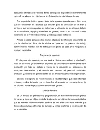 adecuando el mobiliario y equipo dentro del espacio disponible de la manera más
racional, para lograr los objetivos de la oficina evitando pérdidas de tiempo.
Por su parte la distribución en planta es la organización del espacio físico en el
cual se encuentran los recursos que servirán para la fabricación de un bien o
servicio y que también consiste en determinar la ubicación de los sitios de trabajo
de la maquinaria, equipo y materiales en general, tomando en cuenta el posible
incremento en el nivel de la demanda y de la capacidad instalada.
Ambas técnicas persiguen los mismos objetivos, la diferencia fundamental es
que la distribución física de la oficina se basa en los puestos de trabajo
administrativos, mientras que la distribución en planta se basa en la maquinaria y
equipo y materiales.
Diagrama de recorrido:
El diagrama de recorrido es una técnica básica para realizar la distribución
física de la oficina y/o distribución en planta, se fundamenta en la búsqueda de la
facilitación del flujo de trabajo a través de la reducción de actividades de
transporte innecesarias y el análisis del traslado del personal, materiales,
productos y papelería en general dentro de las áreas integrales de la organización.
Elaborar el diagrama de recorrido ayuda a visualizar el por qué existen tiempos
ociosos y cuellos de botella que no dejan fluir eficazmente los procesos dentro de
las oficinas, planta de producción o empresa en general.
Grafica de Gantt:
Es un método de planeación y programación, se le denomina también gráfica
de barras y tiene por objeto controlar la ejecución simultánea de varias actividades
que se realizan coordinadamente, consiste en una matriz de doble entrada que
lleva en las columnas el tiempo de duración y en los renglones la identificación de
las actividades.
 