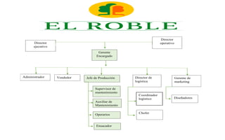 Director
ejecutivo
Director
operativo
Gerente
Encargado
Administrador Vendedor Jefe de Producción Director de
logística
Gerente de
marketing
Coordinador
logístico
Chofer
Diseñadores
Supervisor de
mantenimiento
Operarios
Ensacador
Auxiliar de
Mantenimiento
 