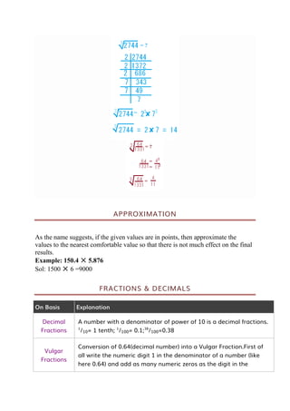 APPROXIMATION
As the name suggests, if the given values are in points, then approximate the
values to the nearest comfortable value so that there is not much effect on the final
results.
Example: 150.4 ✕ 5.876
Sol: 1500 ✕ 6 =9000
FRACTIONS & DECIMALS
On Basis Explanation
Decimal
Fractions
A number with a denominator of power of 10 is a decimal fractions.
1
/10= 1 tenth; 1
/100= 0.1;38
/100=0.38
Vulgar
Fractions
Conversion of 0.64(decimal number) into a Vulgar Fraction.First of
all write the numeric digit 1 in the denominator of a number (like
here 0.64) and add as many numeric zeros as the digit in the
 