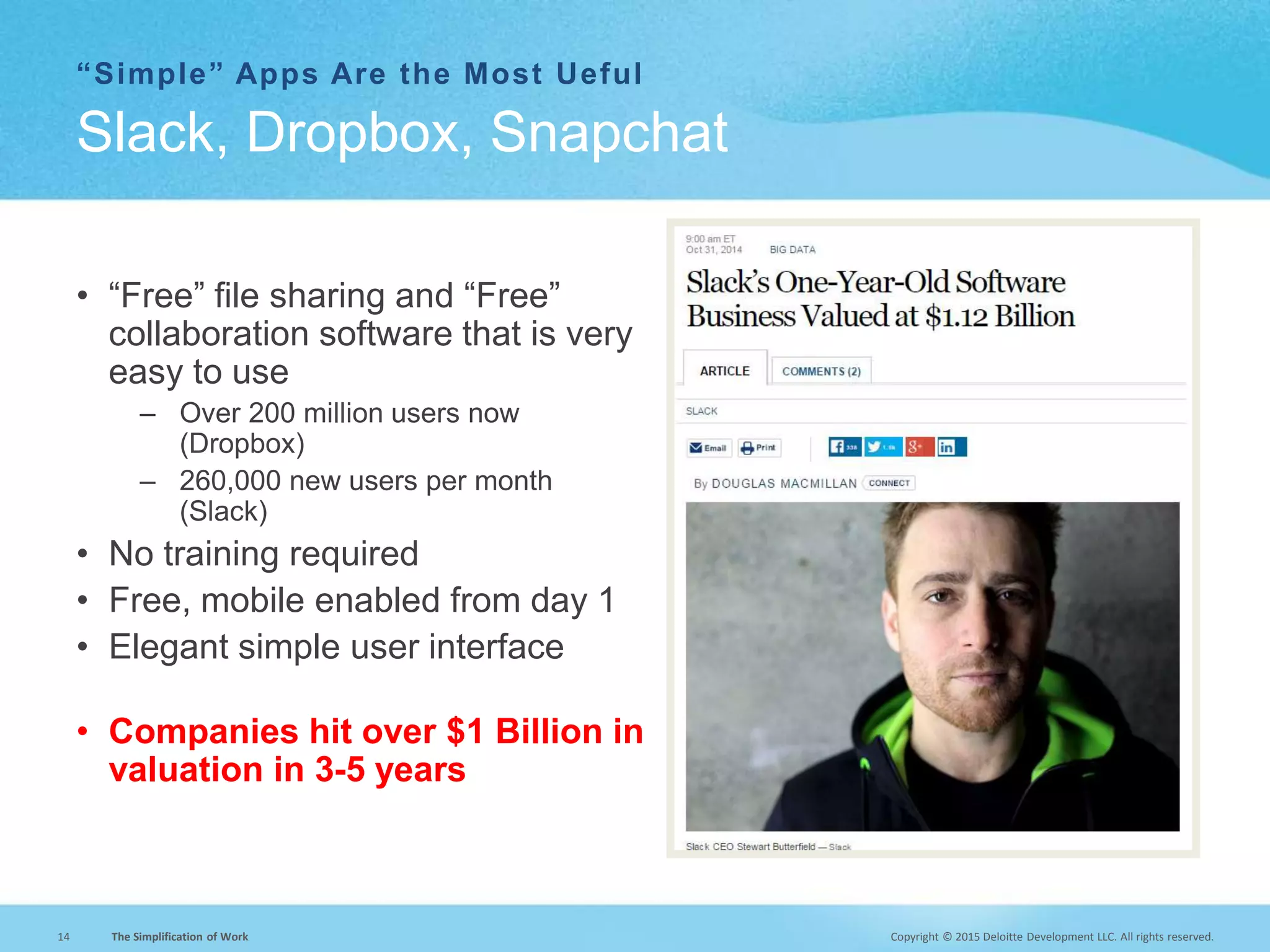 Copyright © 2015 Deloitte Development LLC. All rights reserved.14 The Simplification of Work
• “Free” file sharing and “Free”
collaboration software that is very
easy to use
– Over 200 million users now
(Dropbox)
– 260,000 new users per month
(Slack)
• No training required
• Free, mobile enabled from day 1
• Elegant simple user interface
• Companies hit over $1 Billion in
valuation in 3-5 years
Slack, Dropbox, Snapchat
“Simple” Apps Are the Most Ueful
 
