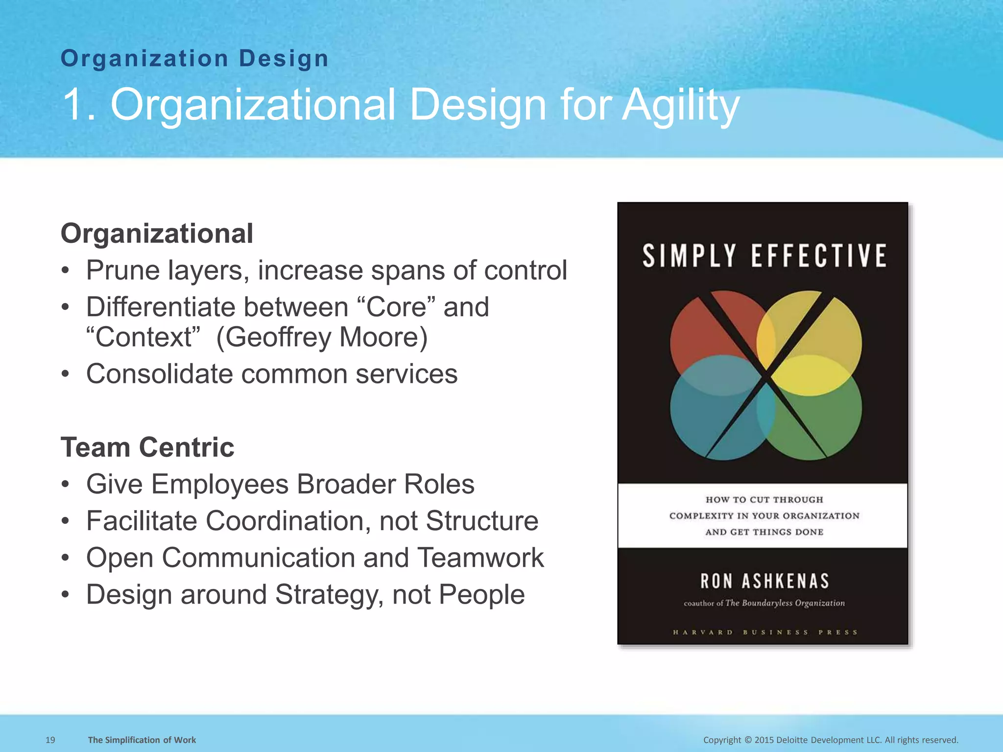 Copyright © 2015 Deloitte Development LLC. All rights reserved.19 The Simplification of Work
Organization Design
Organizational
• Prune layers, increase spans of control
• Differentiate between “Core” and
“Context” (Geoffrey Moore)
• Consolidate common services
Team Centric
• Give Employees Broader Roles
• Facilitate Coordination, not Structure
• Open Communication and Teamwork
• Design around Strategy, not People
1. Organizational Design for Agility
 