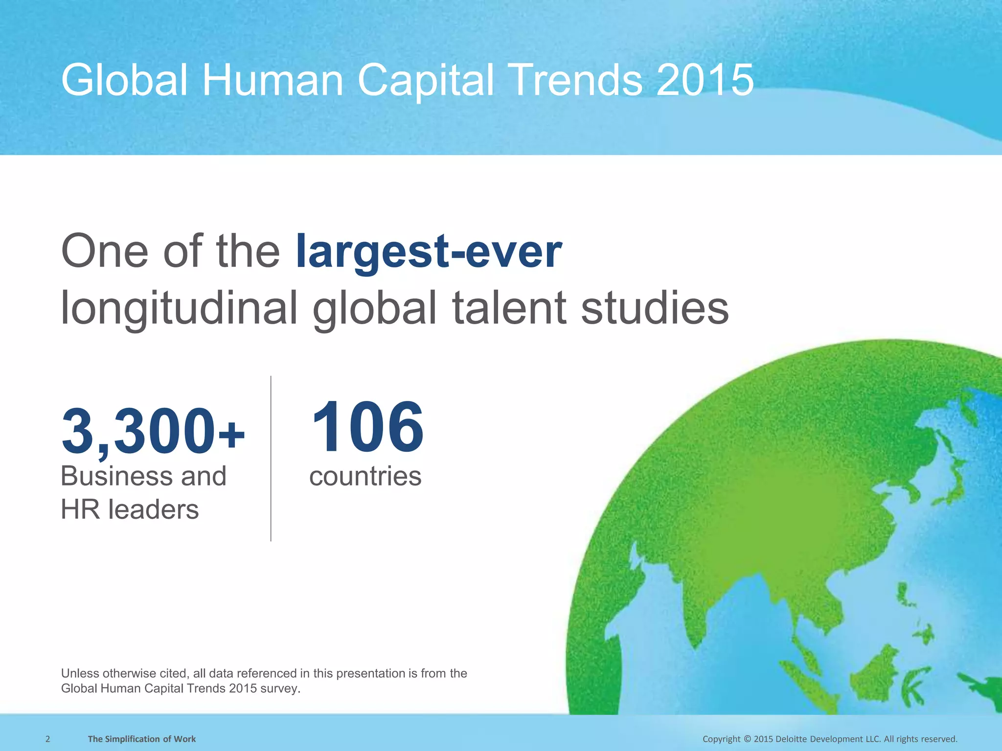 Copyright © 2015 Deloitte Development LLC. All rights reserved.2 The Simplification of Work
3,300+
Business and
HR leaders
106countries
One of the largest-ever
longitudinal global talent studies
Unless otherwise cited, all data referenced in this presentation is from the
Global Human Capital Trends 2015 survey.
Global Human Capital Trends 2015
 