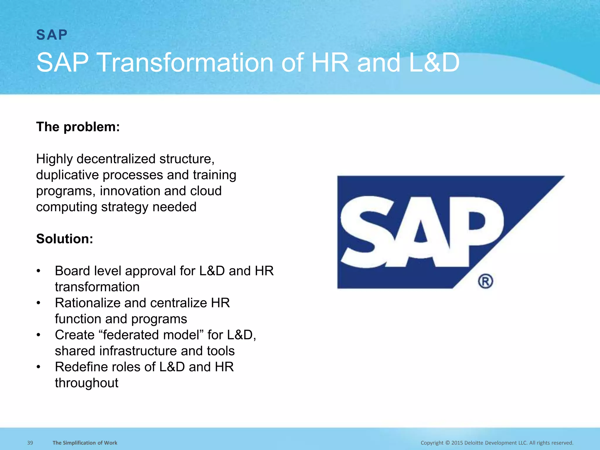 Copyright © 2015 Deloitte Development LLC. All rights reserved.39 The Simplification of Work
SAP
SAP Transformation of HR and L&D
The problem:
Highly decentralized structure,
duplicative processes and training
programs, innovation and cloud
computing strategy needed
Solution:
• Board level approval for L&D and HR
transformation
• Rationalize and centralize HR
function and programs
• Create “federated model” for L&D,
shared infrastructure and tools
• Redefine roles of L&D and HR
throughout
 