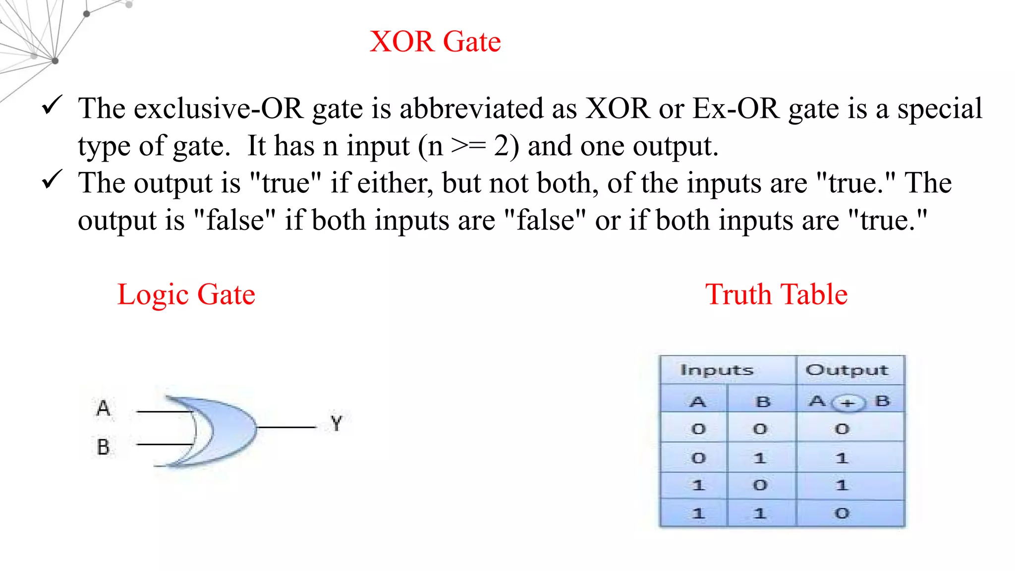 ü The exclusive-OR gate is abbreviated as XOR or Ex-OR gate is a special
type of gate. It has n input (n >= 2) and one output.
ü The output is "true" if either, but not both, of the inputs are "true." The
output is "false" if both inputs are "false" or if both inputs are "true."
Logic Gate Truth Table
XOR Gate
 