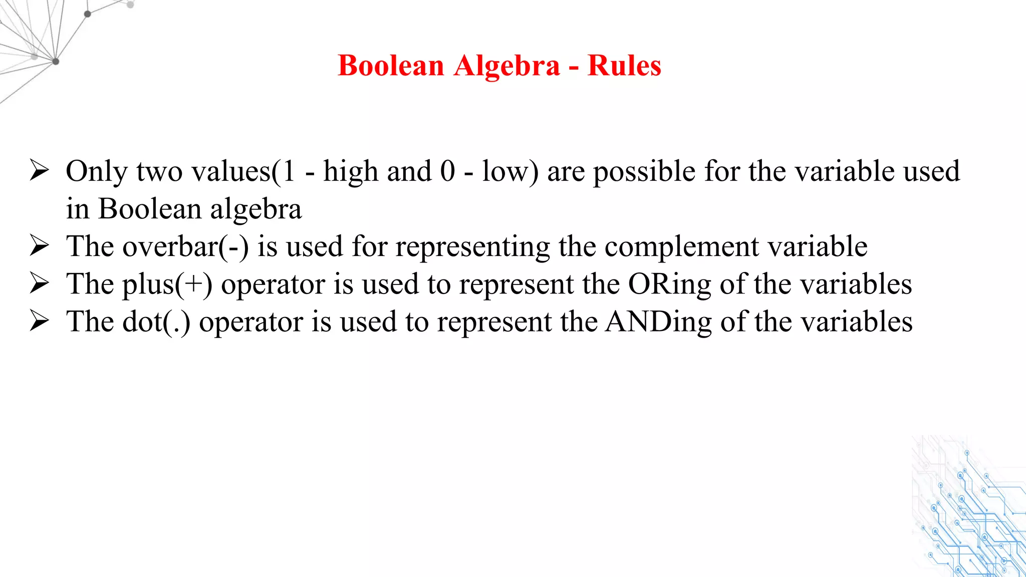 Ø Only two values(1 - high and 0 - low) are possible for the variable used
in Boolean algebra
Ø The overbar(-) is used for representing the complement variable
Ø The plus(+) operator is used to represent the ORing of the variables
Ø The dot(.) operator is used to represent the ANDing of the variables
Boolean Algebra - Rules
 