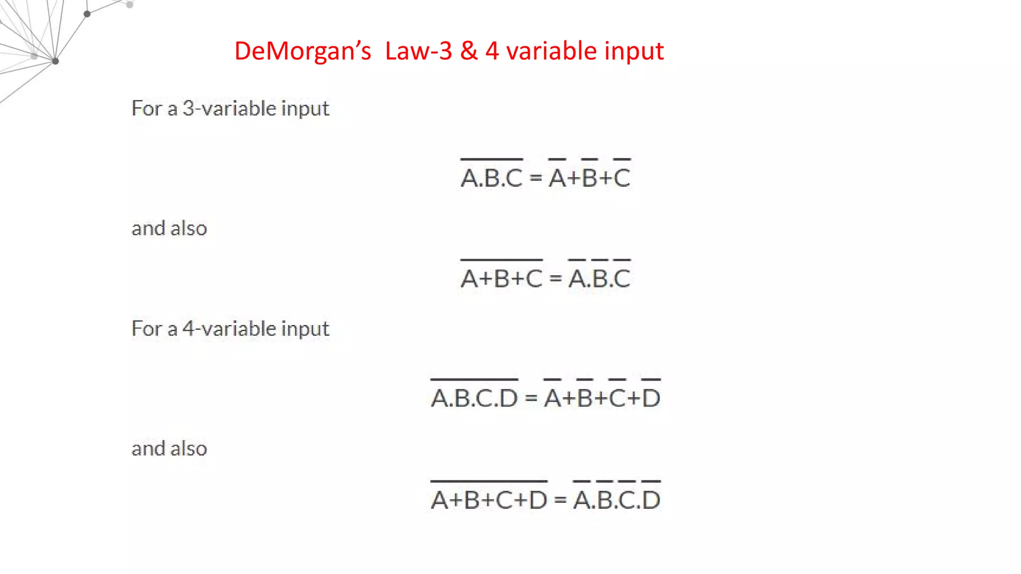 DeMorgan’s Law-3 & 4 variable input
 