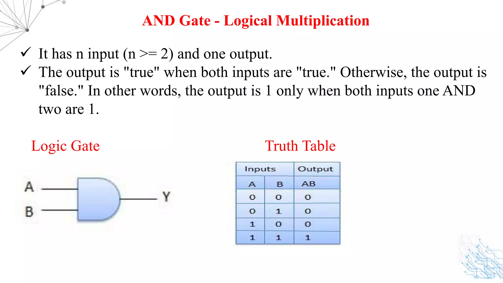 ü It has n input (n >= 2) and one output.
ü The output is "true" when both inputs are "true." Otherwise, the output is
"false." In other words, the output is 1 only when both inputs one AND
two are 1.
Logic Gate Truth Table
AND Gate - Logical Multiplication
 