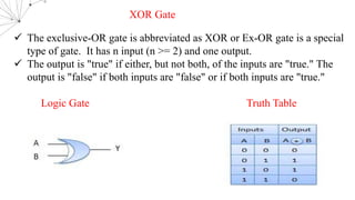 ü The exclusive-OR gate is abbreviated as XOR or Ex-OR gate is a special
type of gate. It has n input (n >= 2) and one output.
ü The output is "true" if either, but not both, of the inputs are "true." The
output is "false" if both inputs are "false" or if both inputs are "true."
Logic Gate Truth Table
XOR Gate
 