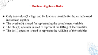 Ø Only two values(1 - high and 0 - low) are possible for the variable used
in Boolean algebra
Ø The overbar(-) is used for representing the complement variable
Ø The plus(+) operator is used to represent the ORing of the variables
Ø The dot(.) operator is used to represent the ANDing of the variables
Boolean Algebra - Rules
 
