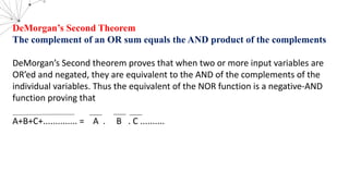 DeMorgan’s Second Theorem
The complement of an OR sum equals the AND product of the complements
DeMorgan’s Second theorem proves that when two or more input variables are
OR’ed and negated, they are equivalent to the AND of the complements of the
individual variables. Thus the equivalent of the NOR function is a negative-AND
function proving that
A+B+C+.............. = A . B . C ..........
 