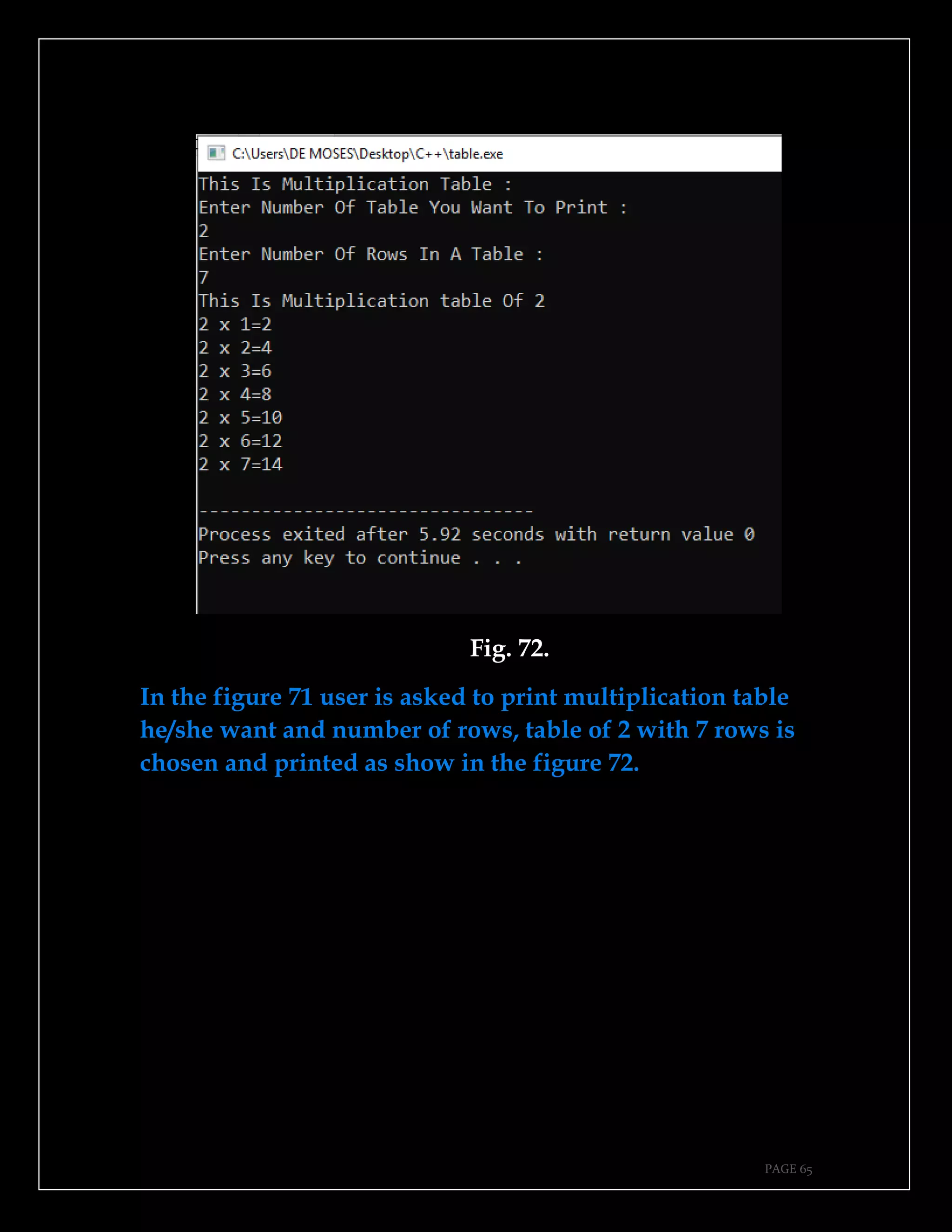 PAGE 65
Fig. 72.
In the figure 71 user is asked to print multiplication table
he/she want and number of rows, table of 2 with 7 rows is
chosen and printed as show in the figure 72.
 