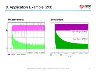 8. Application Example (2/3)


 Measurement                                             Simulation
                                        14A        20V
                                    1         2

                                        12A        10V


                                        10A         0V
                                                                                     Motor Voltage (10V/Div)
                                         8A       -10V


                                         6A       -20V
                                                                                      Motor Current (2A/Div)
                                         4A       -30V


                                         2A       -40V


                                         0A       -50V

                                                    >>
                                        -2A       -60V
                                                    -100ms 0s 100ms       300ms      500ms     700ms    900ms
                                                       1    I(U2:1) 2     V(U2:1,U2:2)
                                                                                Time




               All Rights Reserved Copyright (C) Bee Technologies Corporation 2012                              15
 